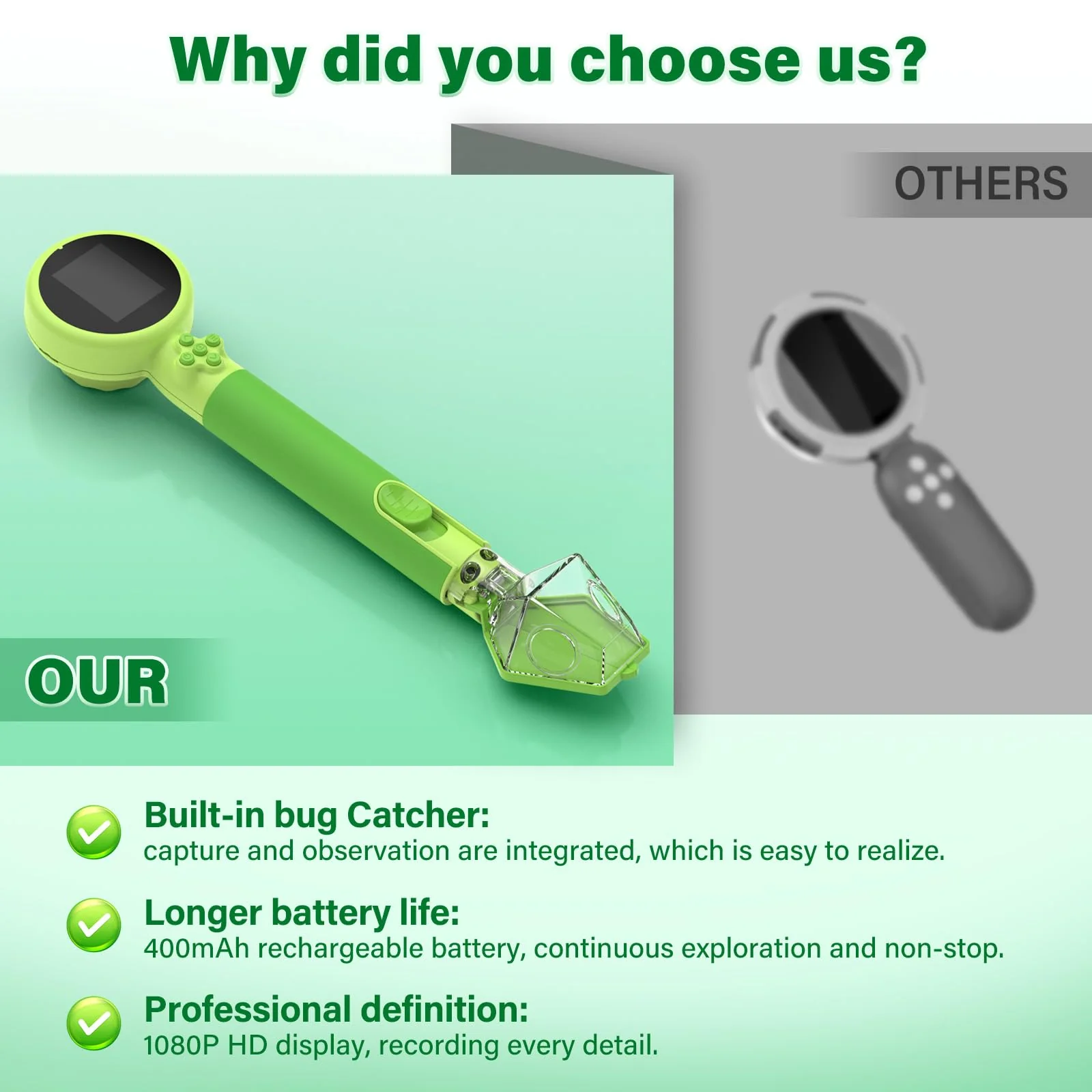 Microscope for Kids with Bug Catcher, 1080P HD Digital Handheld Portable Kids Microscope, 2 in 1 STEM Science Educational Learning Kit Christmas Birthday Gifts Toys for 3-15 Boys & Girls (Green) Bug Catcher & Microscope Kits Green - Image 6
