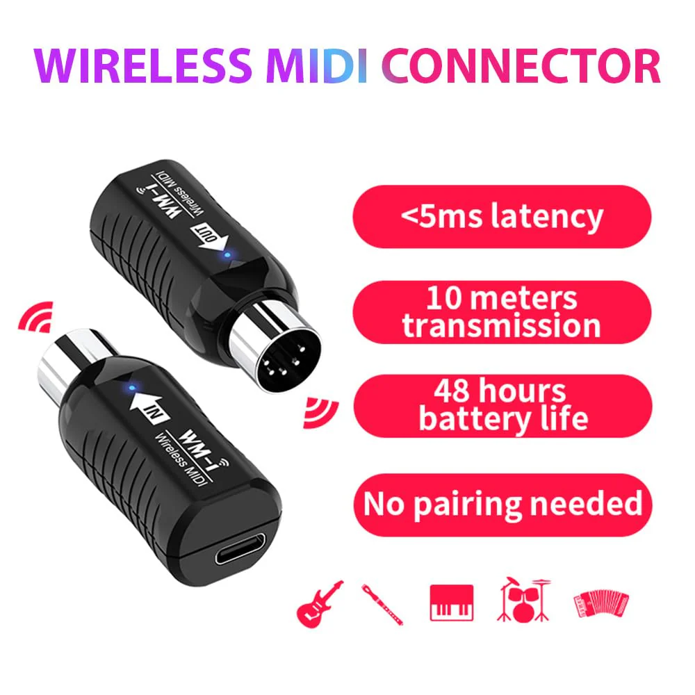 MIDI Adapter Rechargeable Audio Transmitter Receiver 2.4GHz Ultra-Low Latency Built-in Silent Portable MIDI Connector for Wind Instruments Guitar Digital Piano Keyboard - Image 2