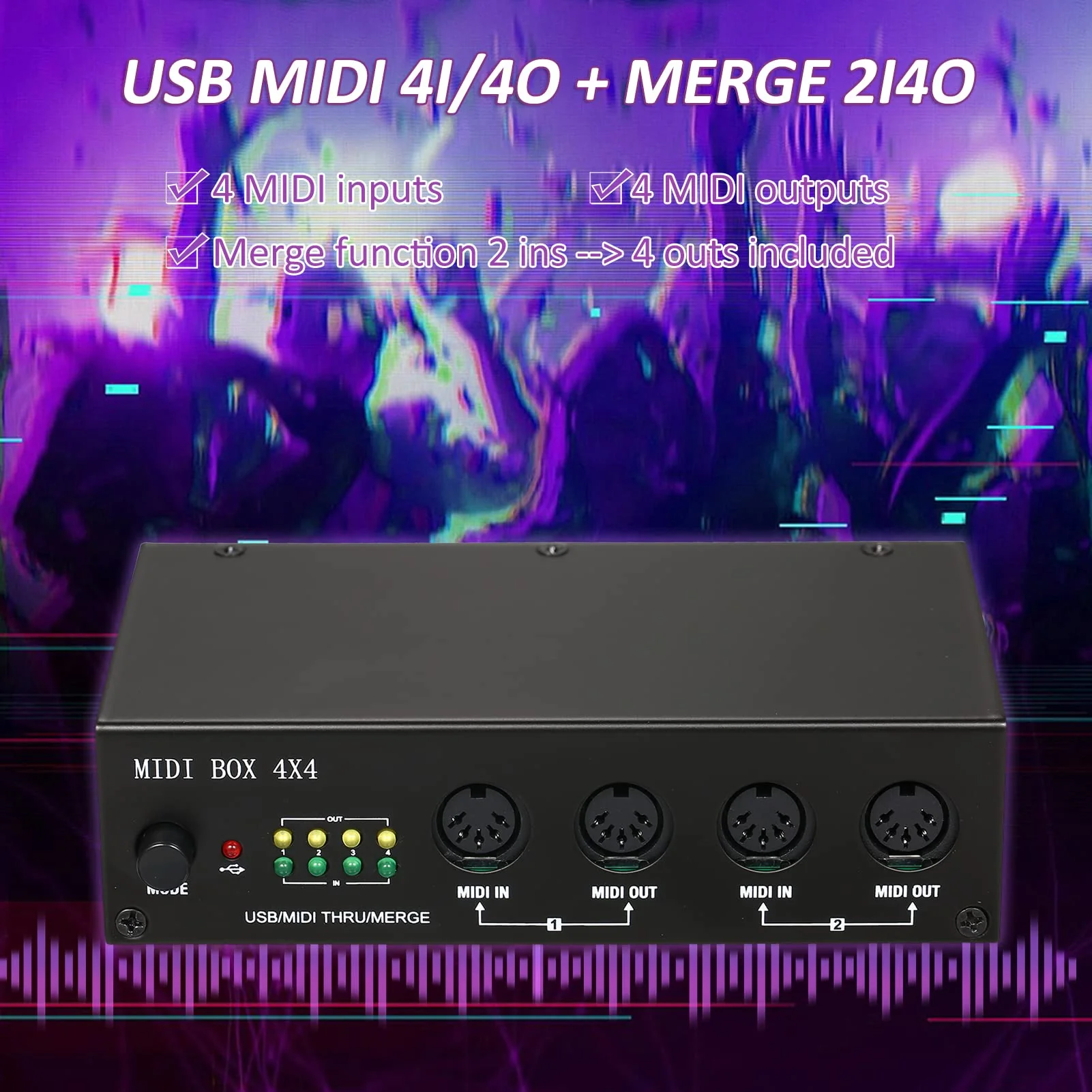 MIDI Interface USB MIDI Interface MIDI Box 4X4 devices for music 4 IN /4 Out 64 MIDI Channels 4i/4o + Merge 2i4o Black - Image 3