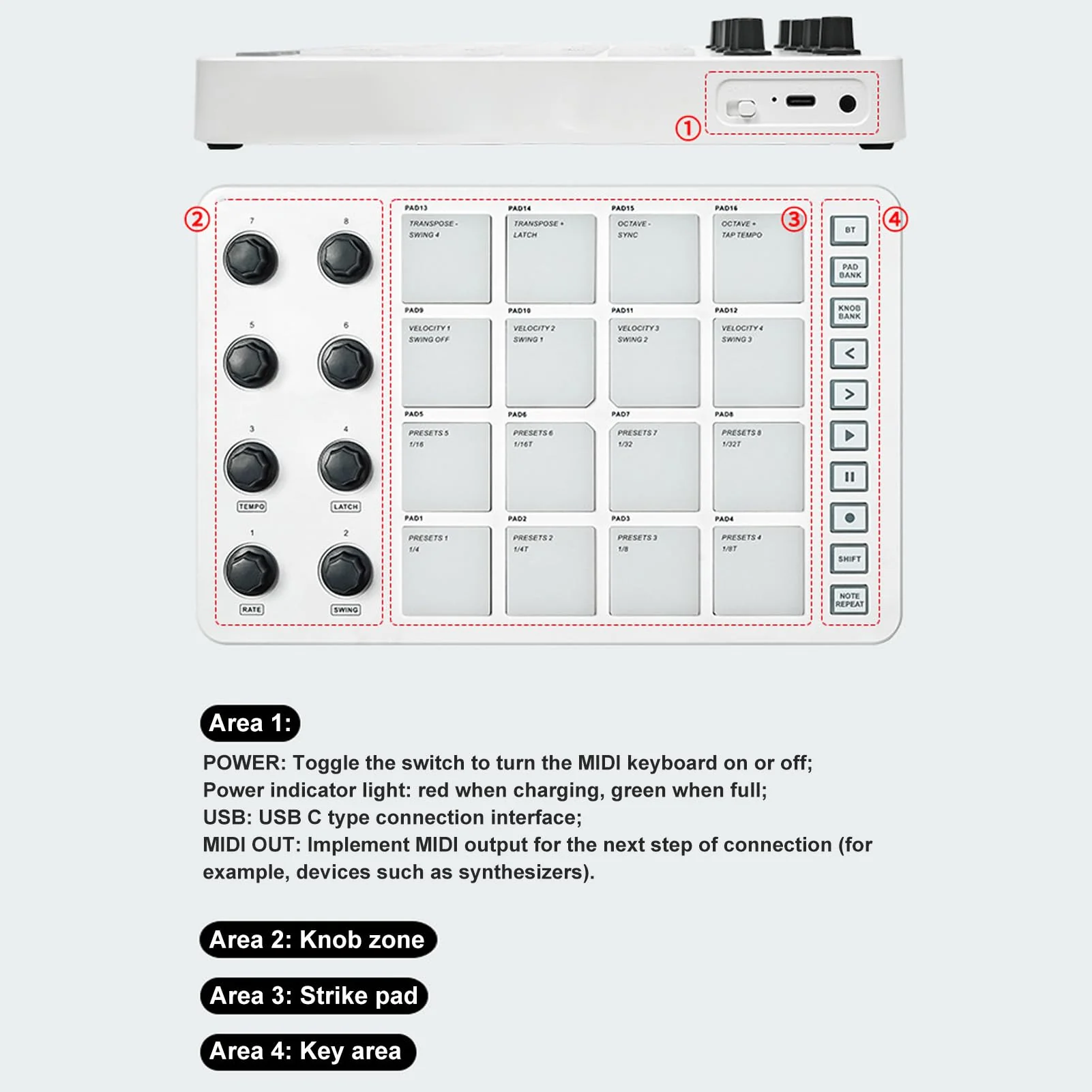 MIDI Pad Controller, Portable SMC PAD Bluetooth MIDI Controller with 16 RGB Backlit Pads, 8 Assignable Knobs, Note Repeat, Full Level Buttons, 3.5mm MIDI Output - Image 3