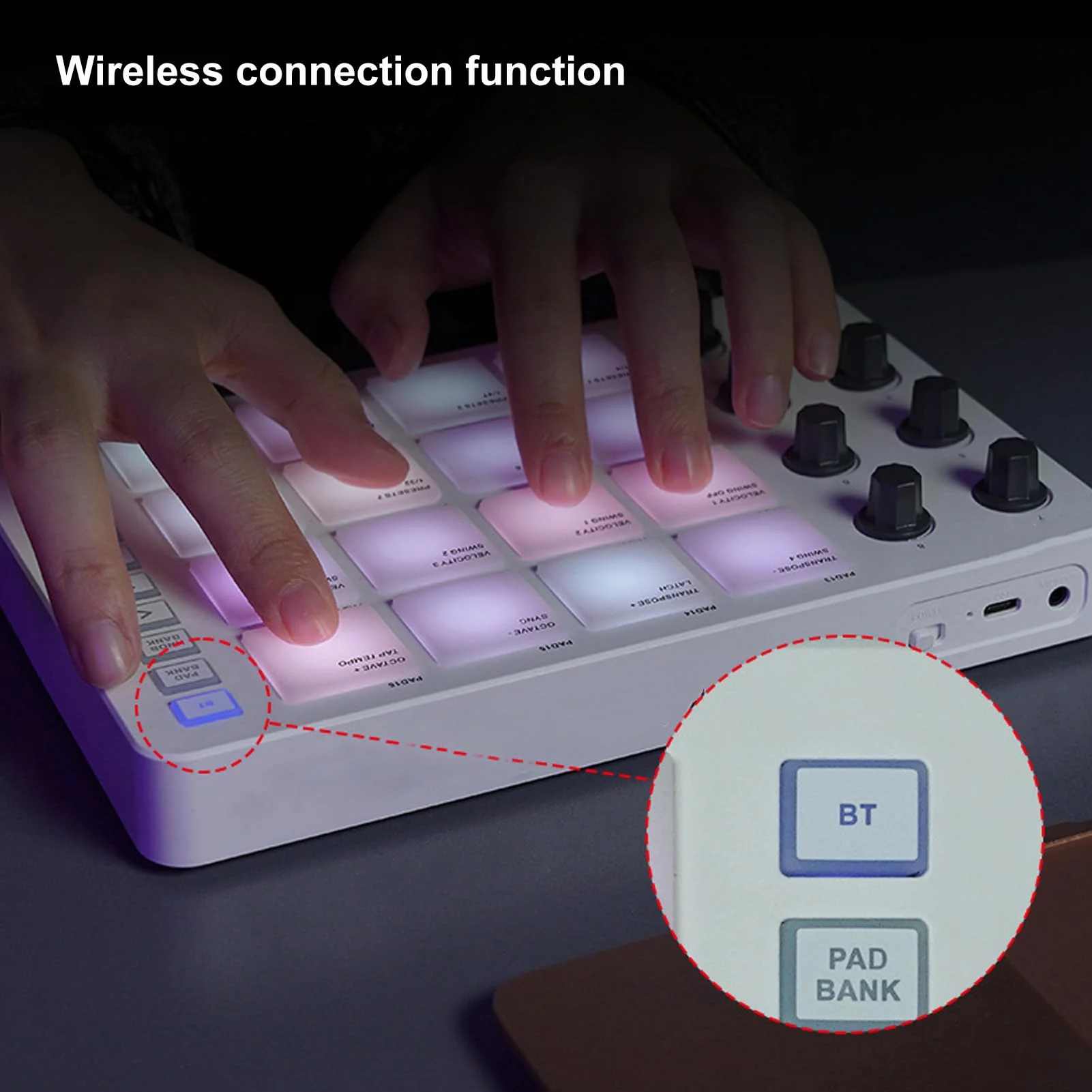 MIDI Pad Controller, Portable SMC PAD Bluetooth MIDI Controller with 16 RGB Backlit Pads, 8 Assignable Knobs, Note Repeat, Full Level Buttons, 3.5mm MIDI Output - Image 5