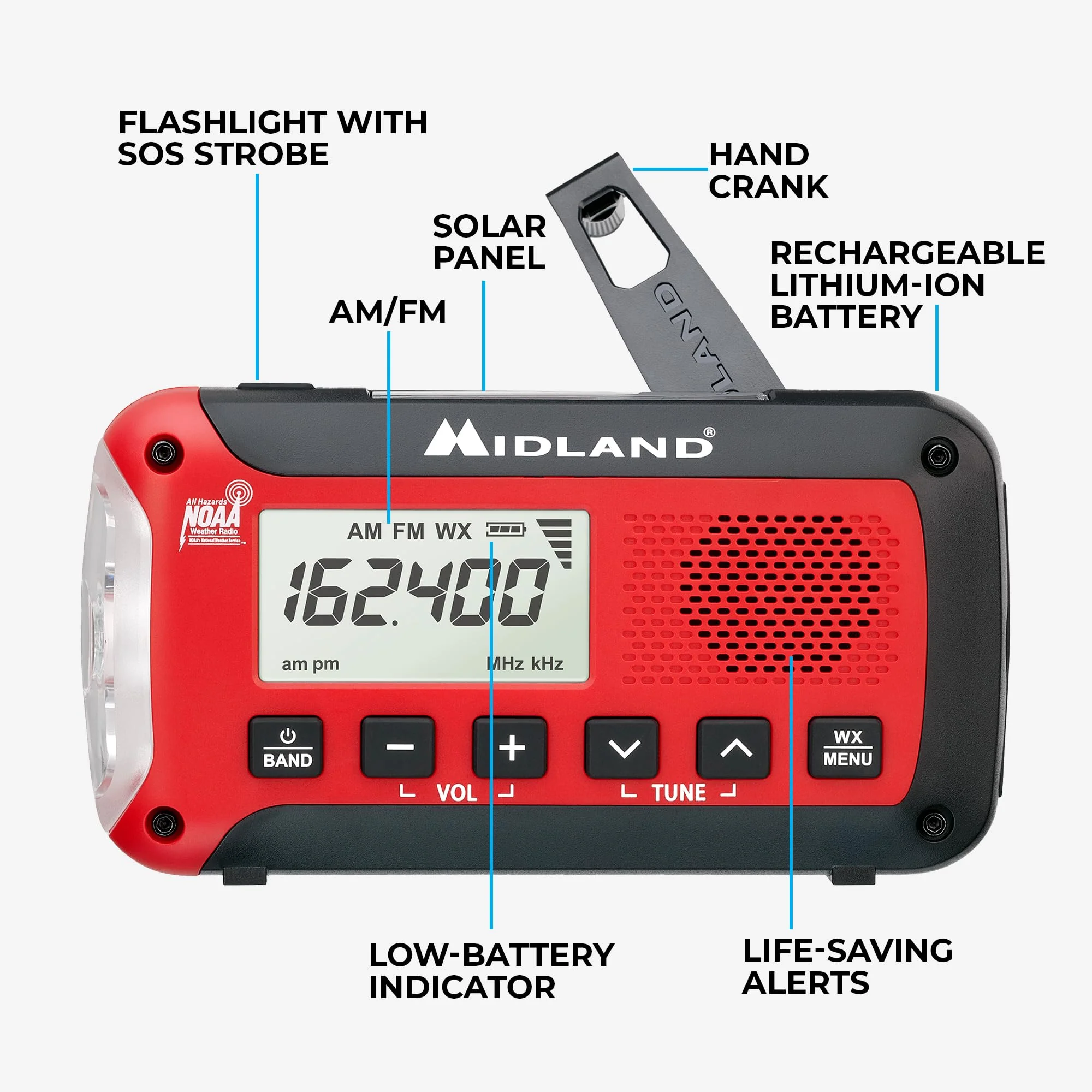 Midland ER50 Emergency Radio with Weather Alert and Flashlight - Hand Crank or Solar Power NOAA Weather Radio for Home or Travel with AM/FM Tuner - Image 5