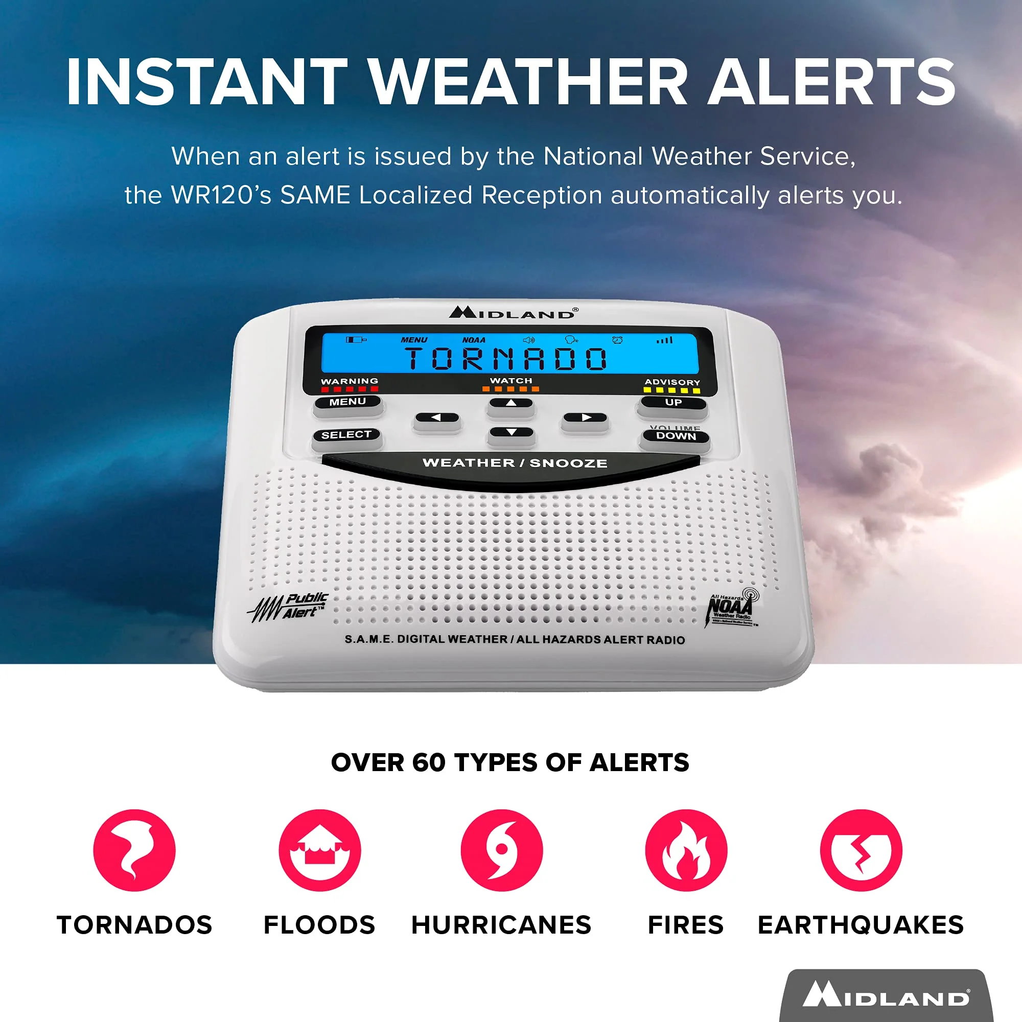 Midland - WR120B/WR120EZ - NOAA Emergency Weather Alert Radio - S.A.M.E. Localized Programming, Trilingual Display, 60+ Emergency Alerts, & Alarm Clock (WR120B - Box Packaging) - Image 2