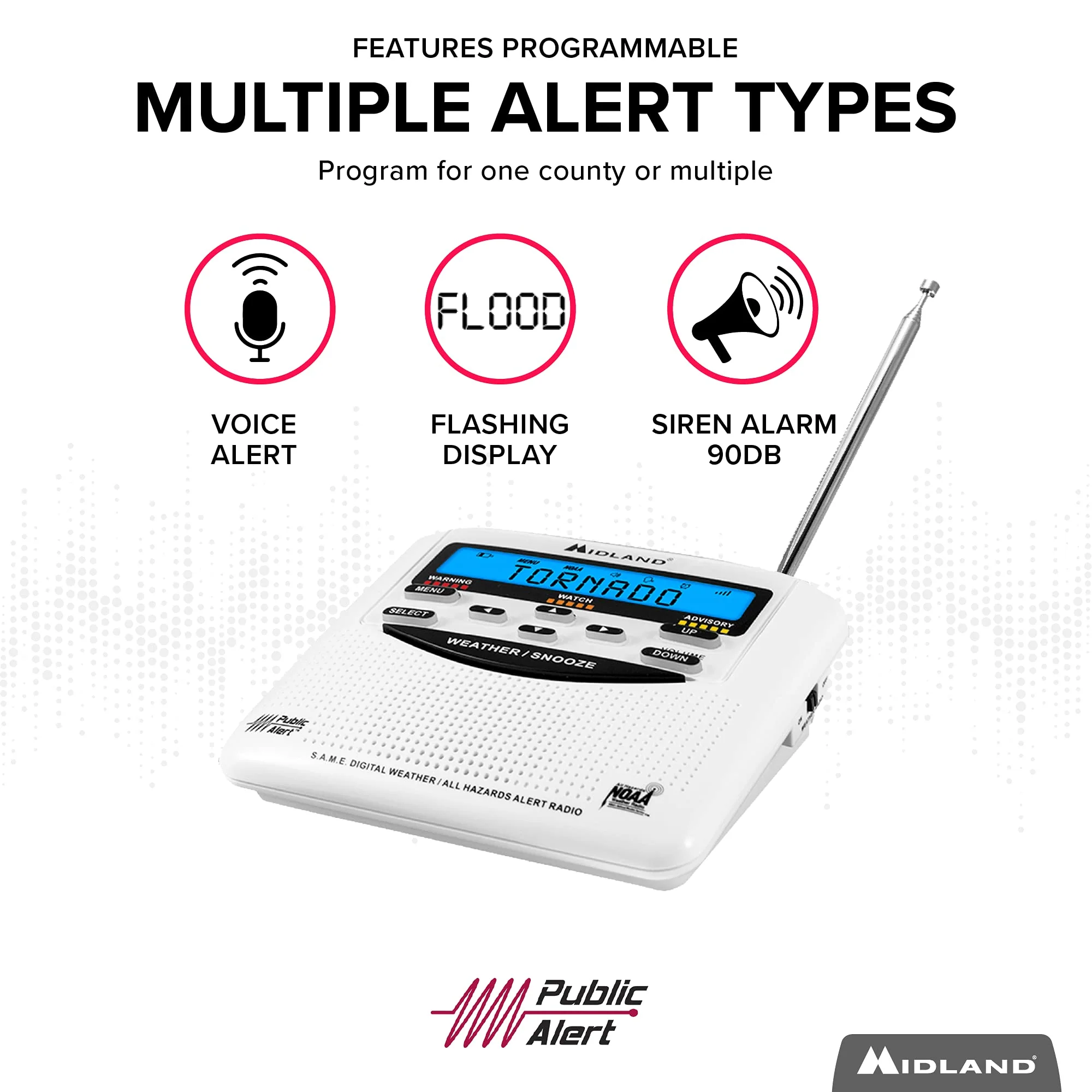 Midland - WR120B/WR120EZ - NOAA Emergency Weather Alert Radio - S.A.M.E. Localized Programming, Trilingual Display, 60+ Emergency Alerts, & Alarm Clock (WR120B - Box Packaging) - Image 3