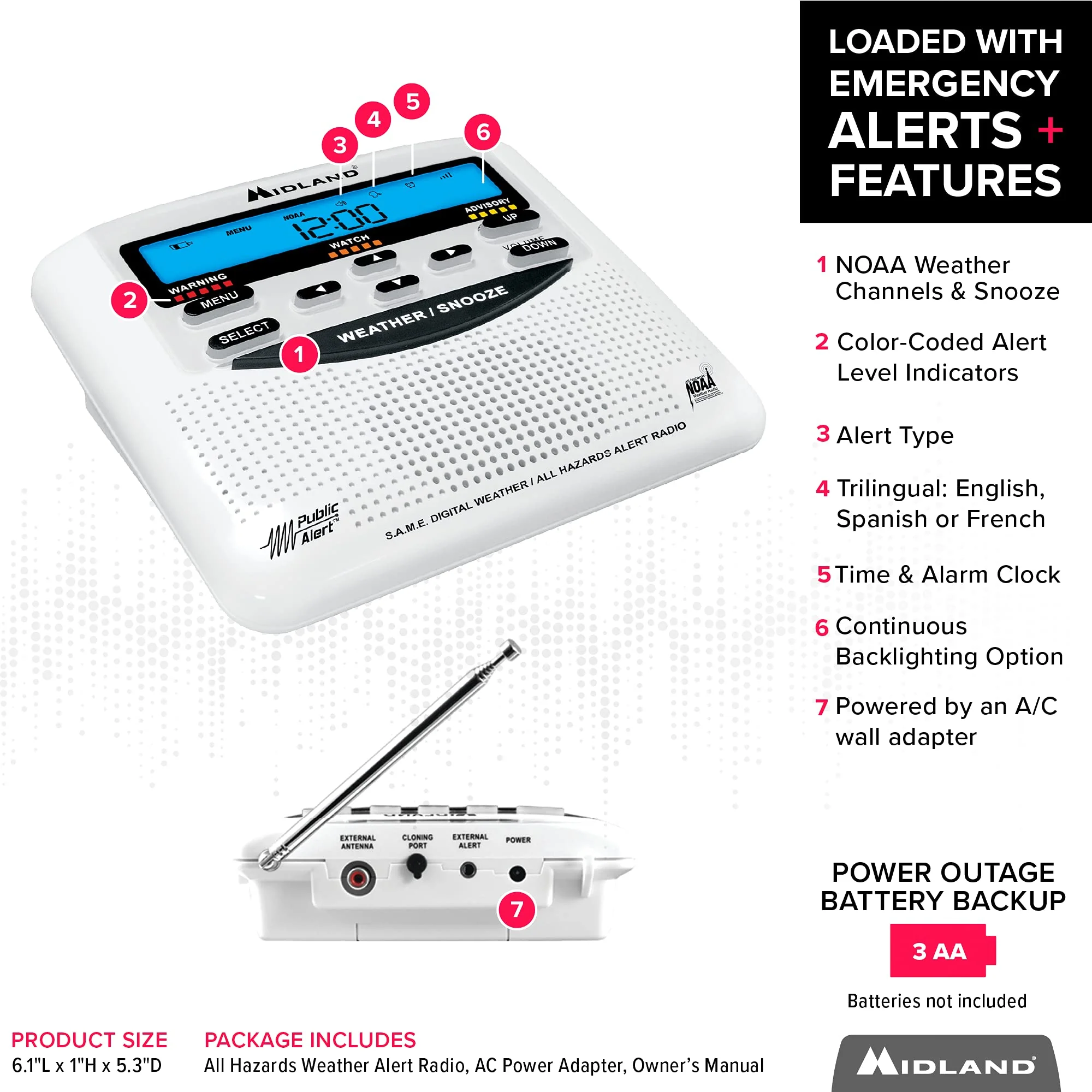 Midland - WR120B/WR120EZ - NOAA Emergency Weather Alert Radio - S.A.M.E. Localized Programming, Trilingual Display, 60+ Emergency Alerts, & Alarm Clock (WR120B - Box Packaging) - Image 4