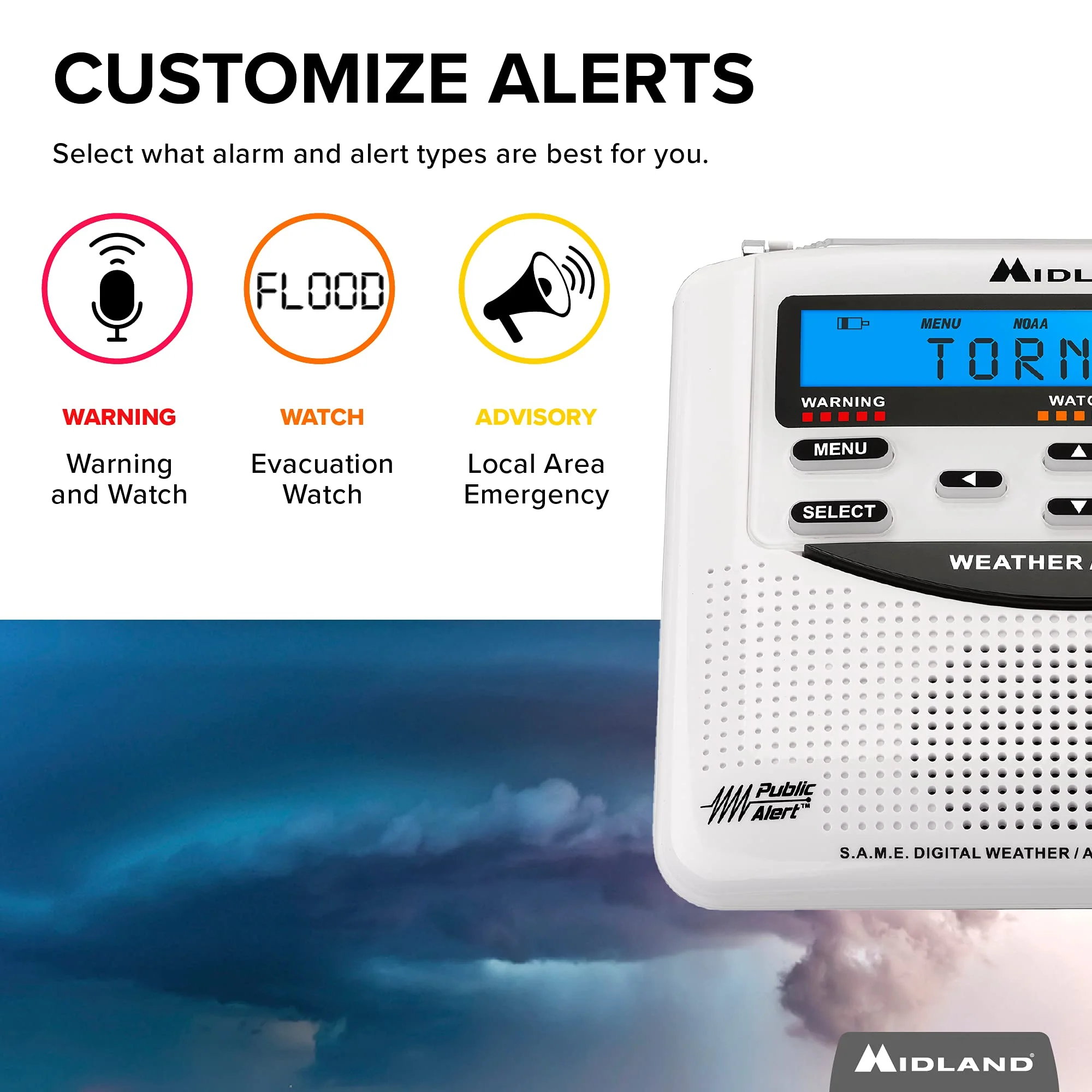 Midland - WR120B/WR120EZ - NOAA Emergency Weather Alert Radio - S.A.M.E. Localized Programming, Trilingual Display, 60+ Emergency Alerts, & Alarm Clock (WR120B - Box Packaging) - Image 5