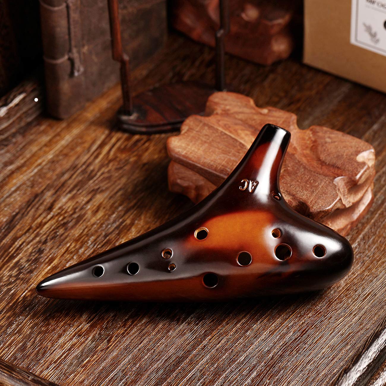 MIFOGE Ocarina 12 Hole Tones Alto C with Gift Wrapping Display Stand Neck Cord Protective Cover Song Book Strawfire Masterpiece Collectible Music Instrument Gift Idea For Beginner Musician Brown Strawfire - Image 2