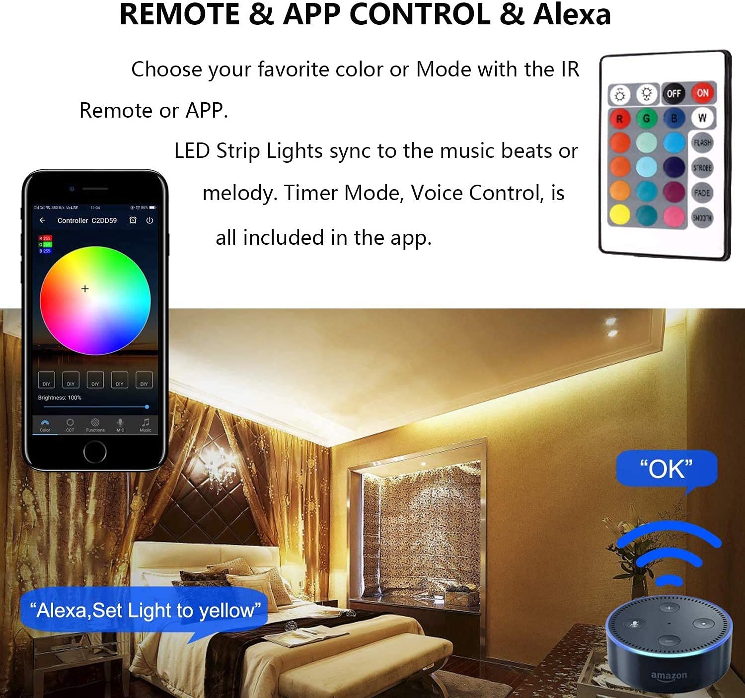 MIHEAL WiFi Wireless Smart Phone Controlled Led Strip Light Kit with DC12V UL Listed Power Supply Waterproof SMD 5050 32.8Ft(10M) 300leds RGB Music LED Light Strip Compatible with Android, iOS Alexa - Image 6