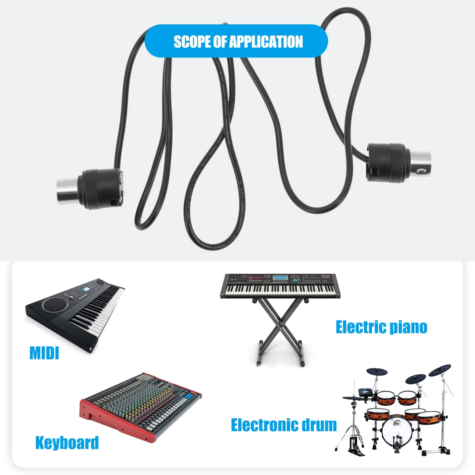 Mikinona Sound Card Transmission Accessories Professional Instrument Cable midi Cable Adapter Instrument MIDI Cables 3ft 5 pin din midi Cable Right Angle bass Cable Accessories Plastic 100x3.2cm Black - Image 4
