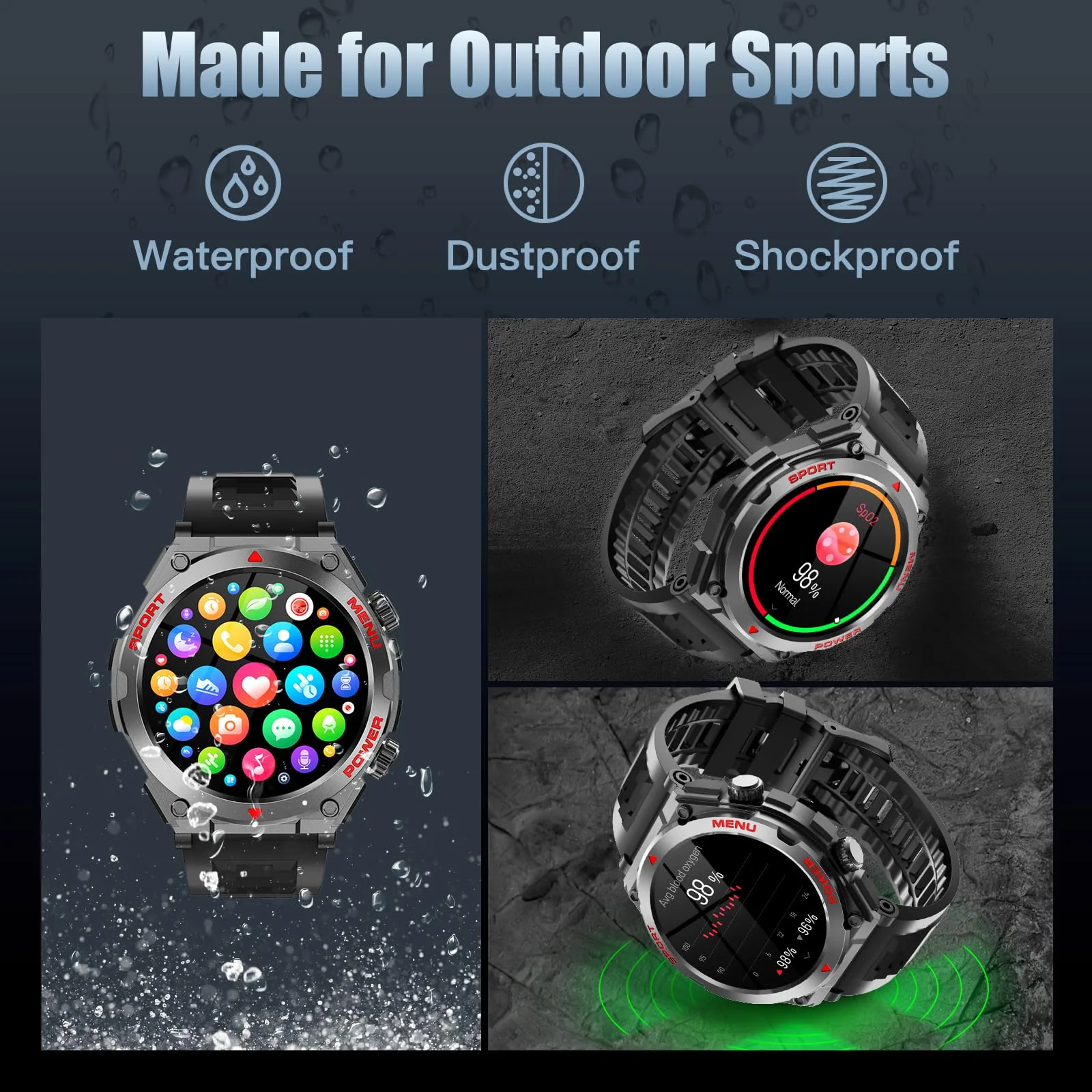 Military Smart Watch, 1.52-Inch Touch Screen Tactical Smartwatch with Text and Call, Heart Rate, Blood Oxygen, and Activity Trackers - Compatible with iPhone and Android, for Men and Women(Black) Black - Image 5