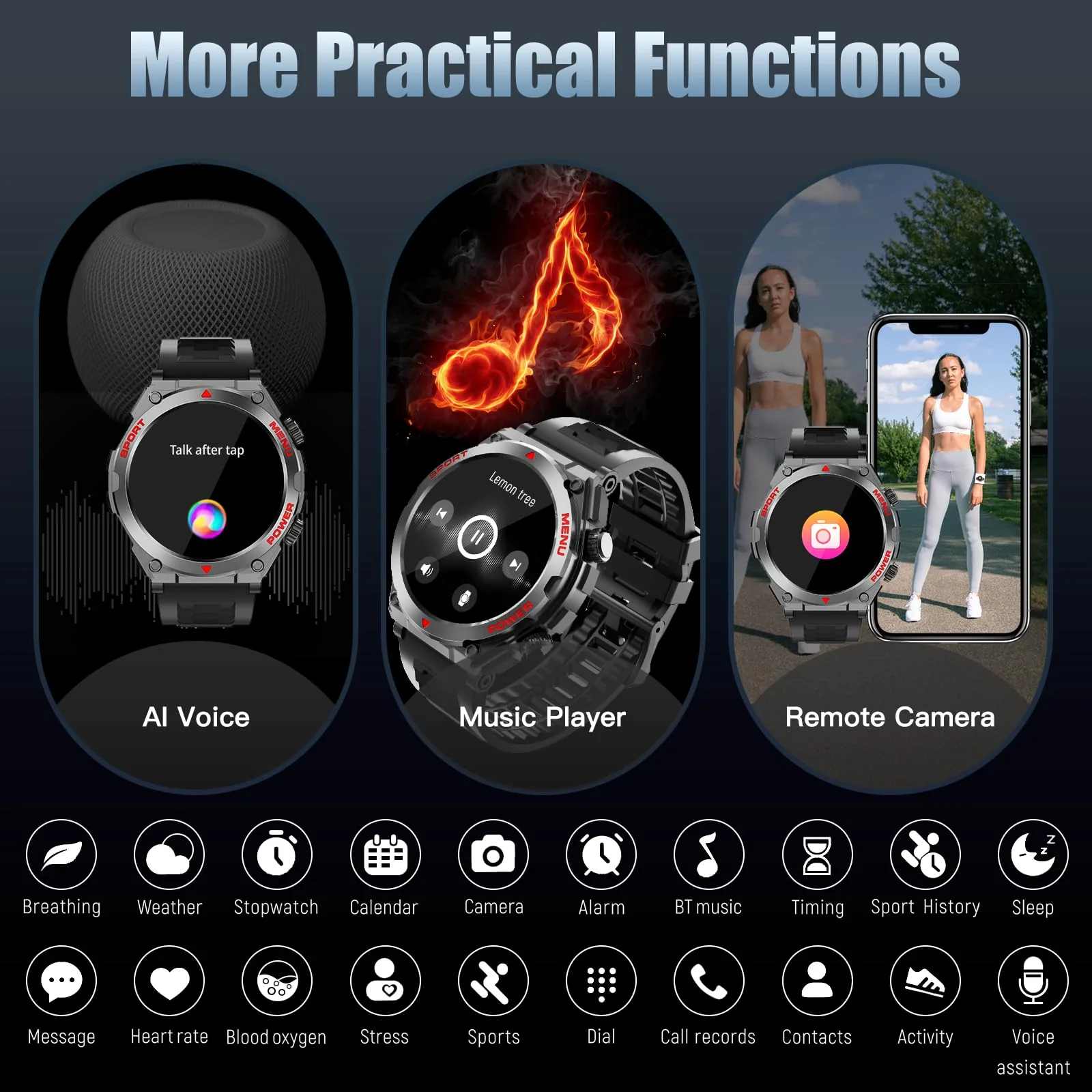 Military Smart Watch, 1.52-Inch Touch Screen Tactical Smartwatch with Text and Call, Heart Rate, Blood Oxygen, and Activity Trackers - Compatible with iPhone and Android, for Men and Women(Black) Black - Image 6
