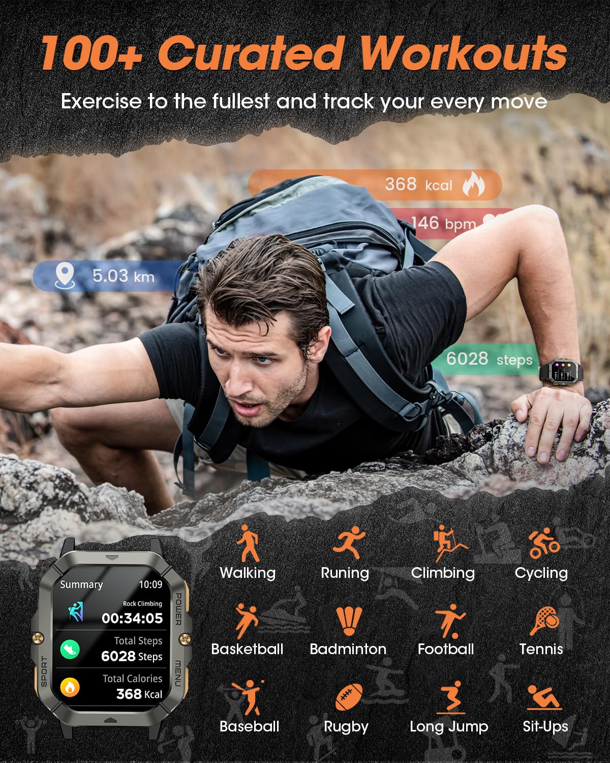 Military Smart Watches for Men (Answer/Make Calls), 2.02'' Fitness Smart Watch for Android and iPhone, Waterproof Fitness Tracker with Blood Pressure/Heart Rate/Sleep/100+ Sport Modes, Watches for Men Black - Image 3