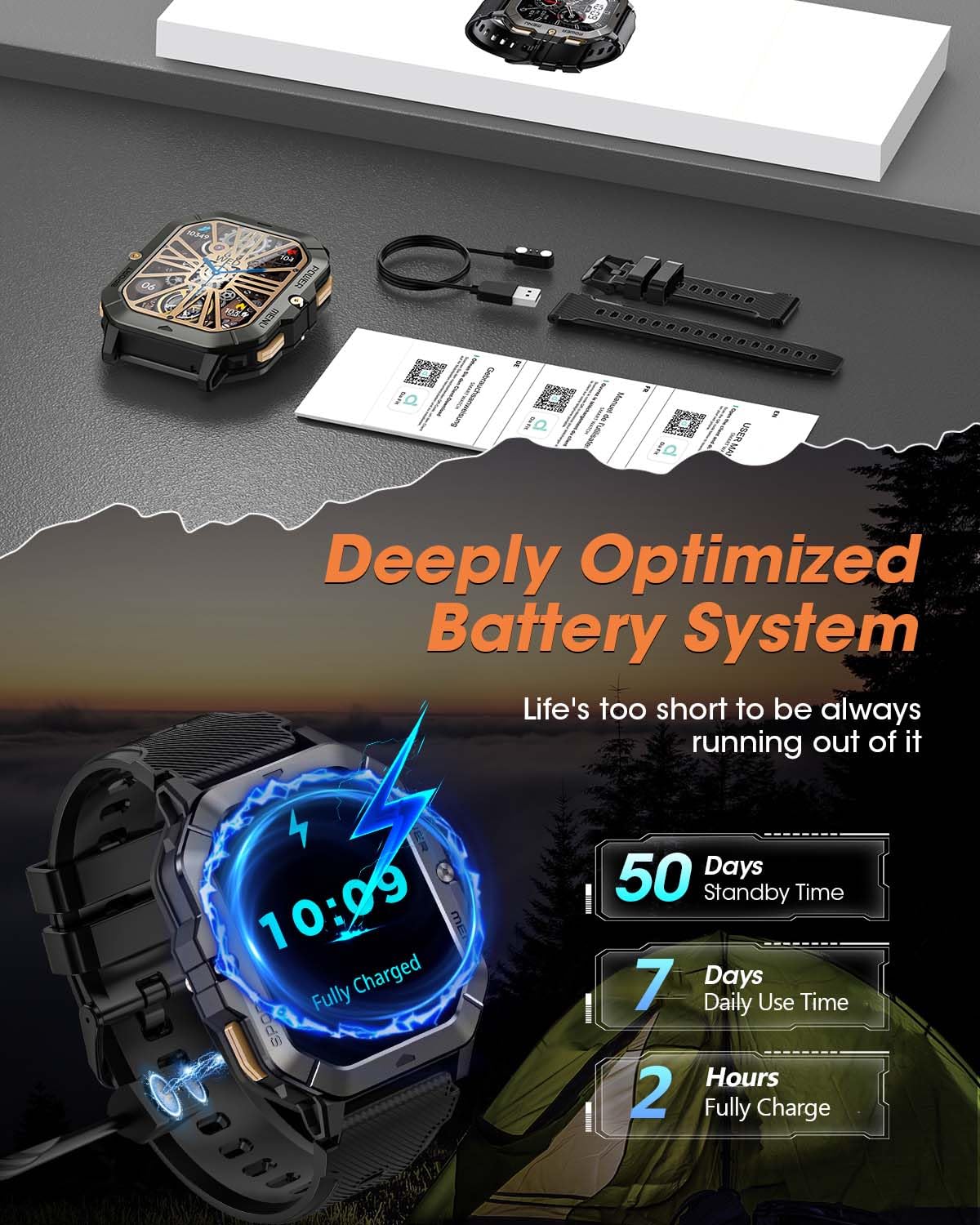 Military Smart Watches for Men (Answer/Make Calls), 2.02'' Fitness Smart Watch for Android and iPhone, Waterproof Fitness Tracker with Blood Pressure/Heart Rate/Sleep/100+ Sport Modes, Watches for Men Black - Image 6