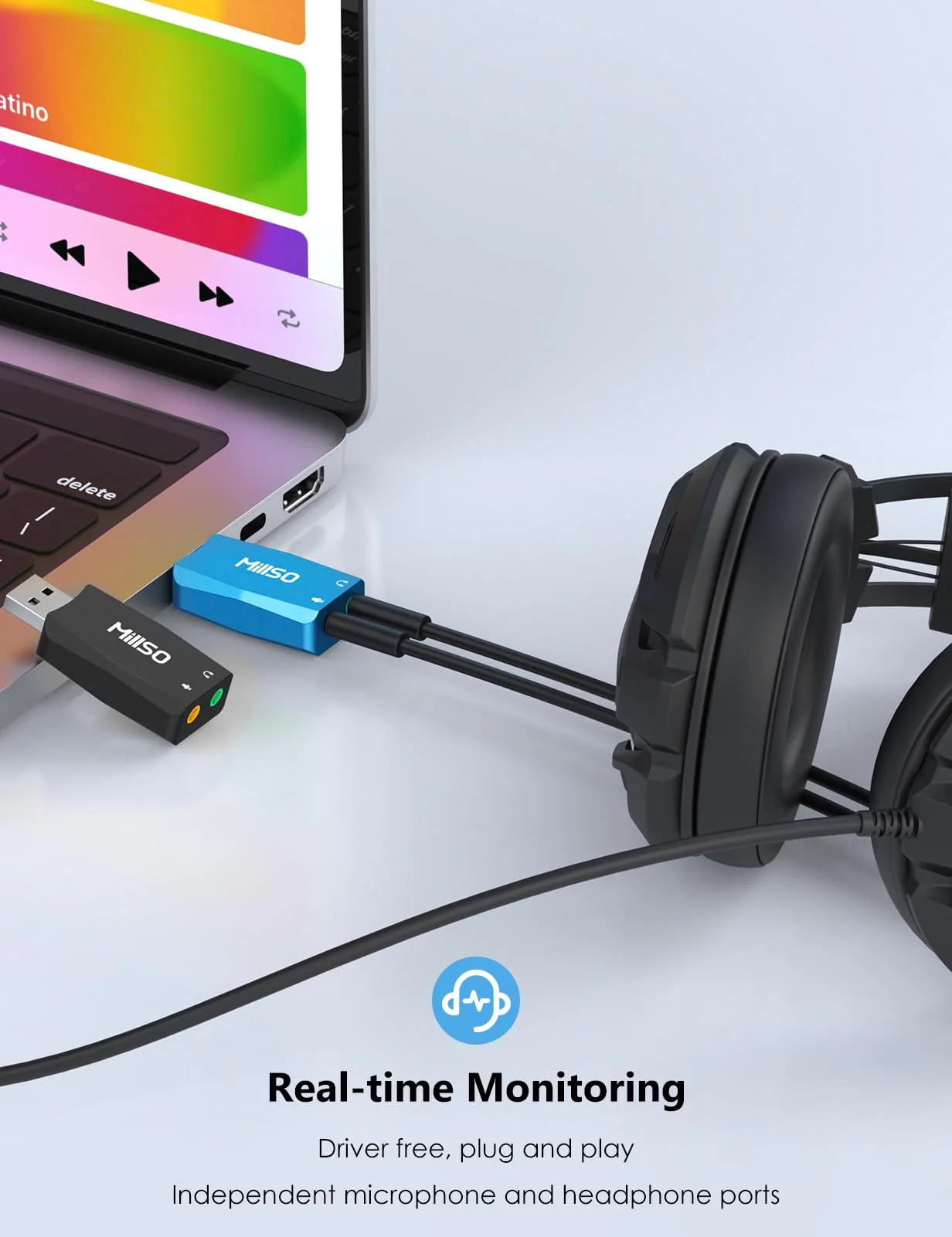 MillSO External USB Sound Card with Internal Recording Function, Portable USB to 3.5mm Audio Jack Adapter for PC, Computer, Recording, Training, Streaming, Podcasting - Blue - Image 2