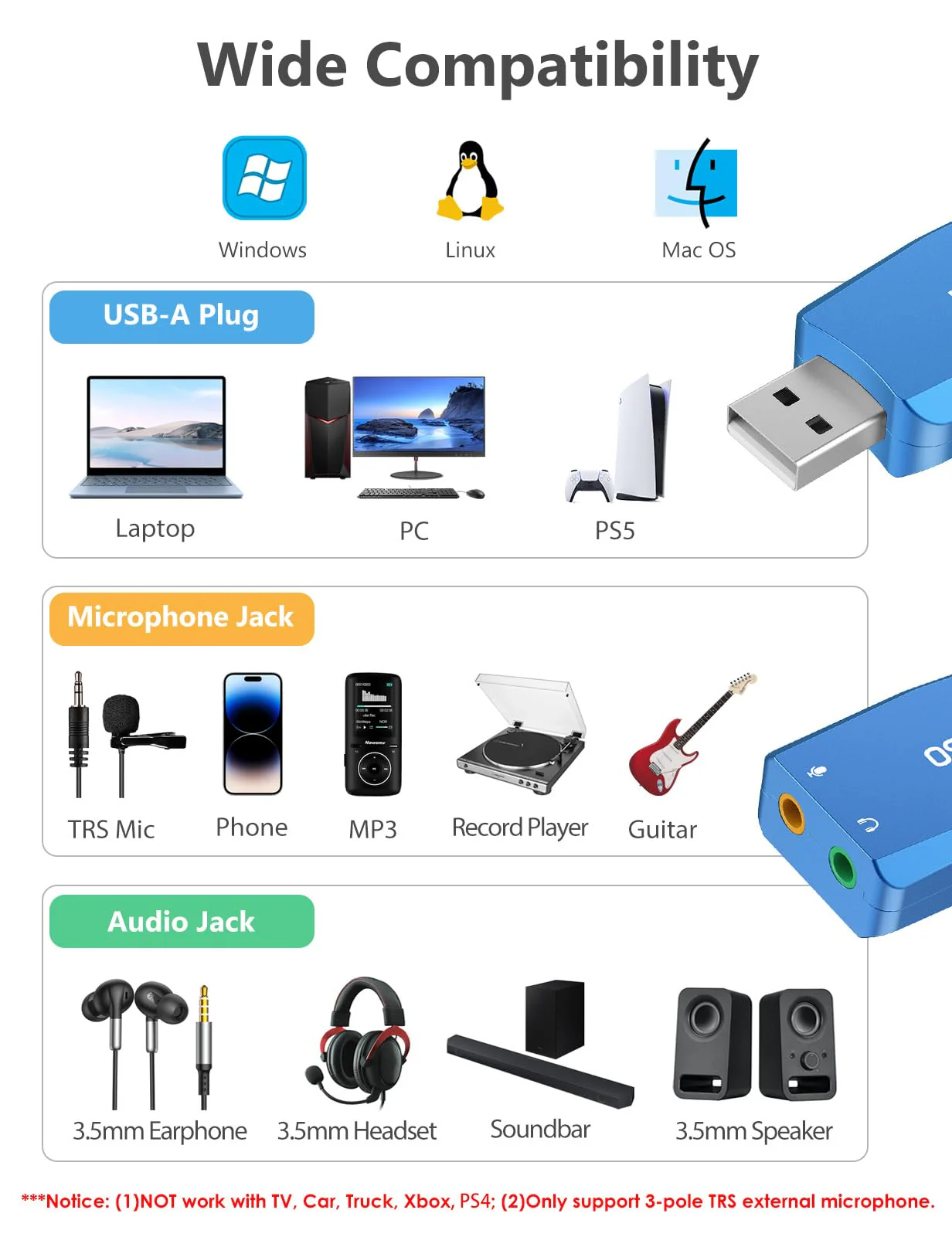 MillSO External USB Sound Card with Internal Recording Function, Portable USB to 3.5mm Audio Jack Adapter for PC, Computer, Recording, Training, Streaming, Podcasting - Blue - Image 4