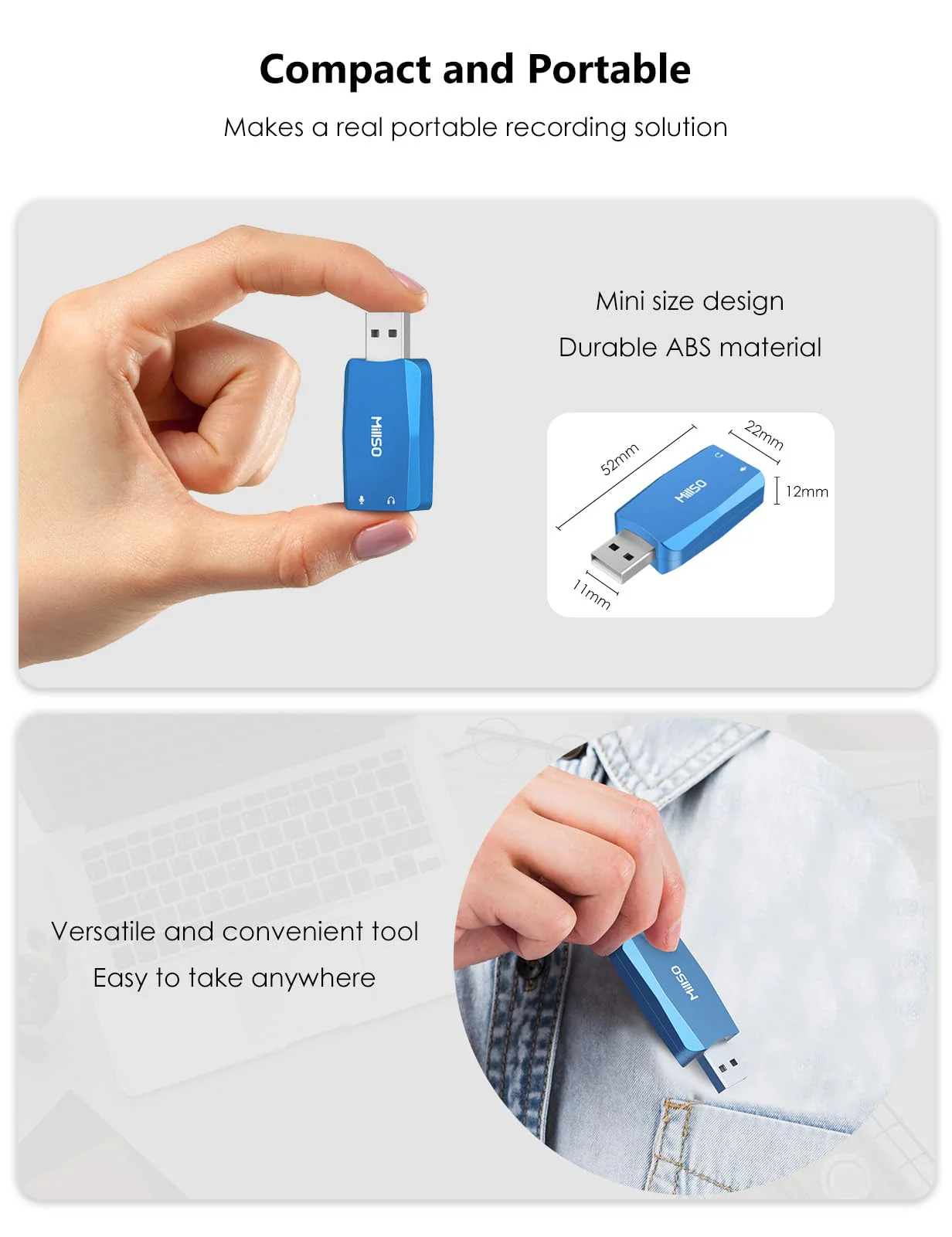 MillSO External USB Sound Card with Internal Recording Function, Portable USB to 3.5mm Audio Jack Adapter for PC, Computer, Recording, Training, Streaming, Podcasting - Blue - Image 9