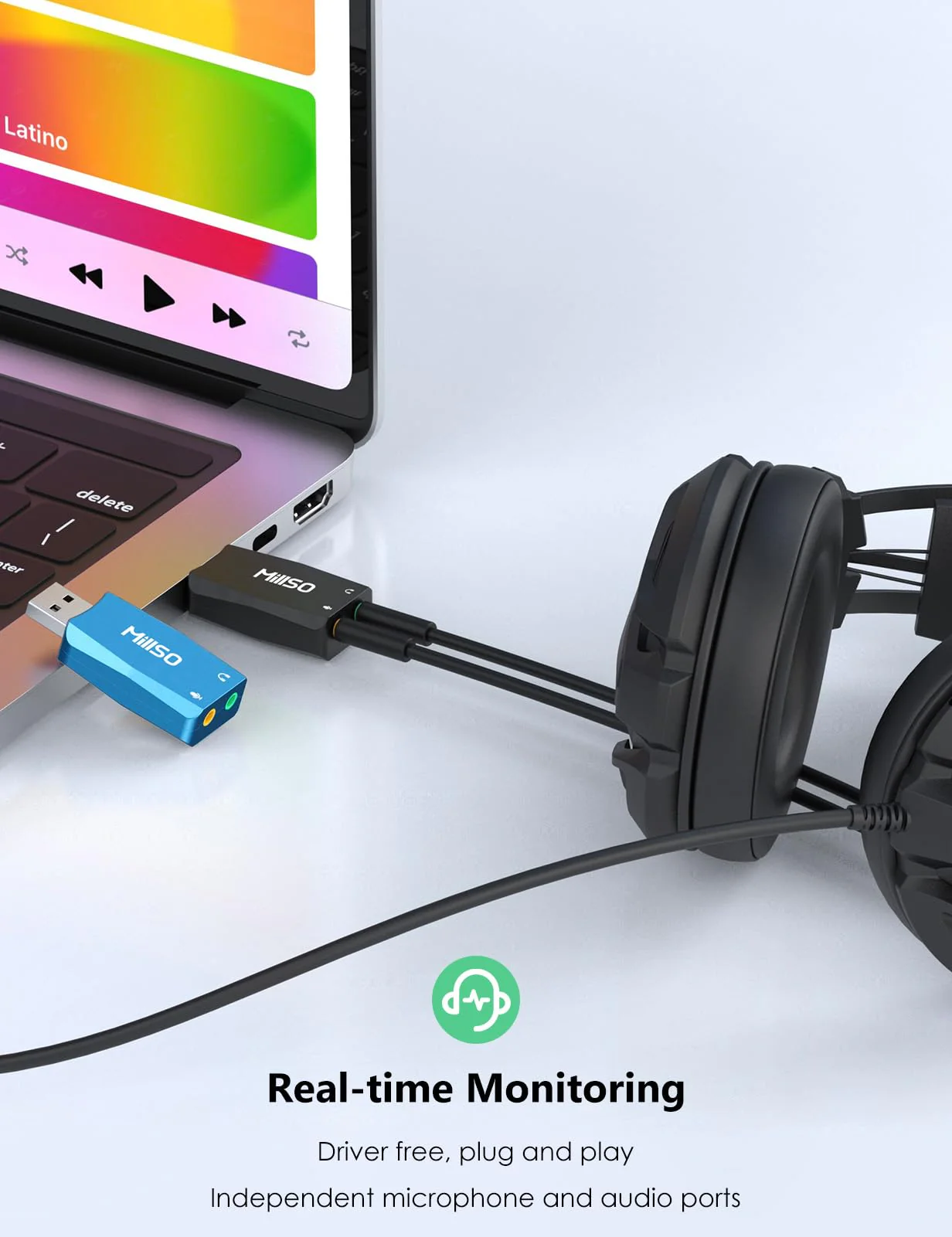 MillSO USB to 3.5mm Audio Jack Adapter [with Internal Recording Function] Portable Computer External USB Sound Card for PC, Recording, Training, Streaming, Podcasting - Black - Image 2
