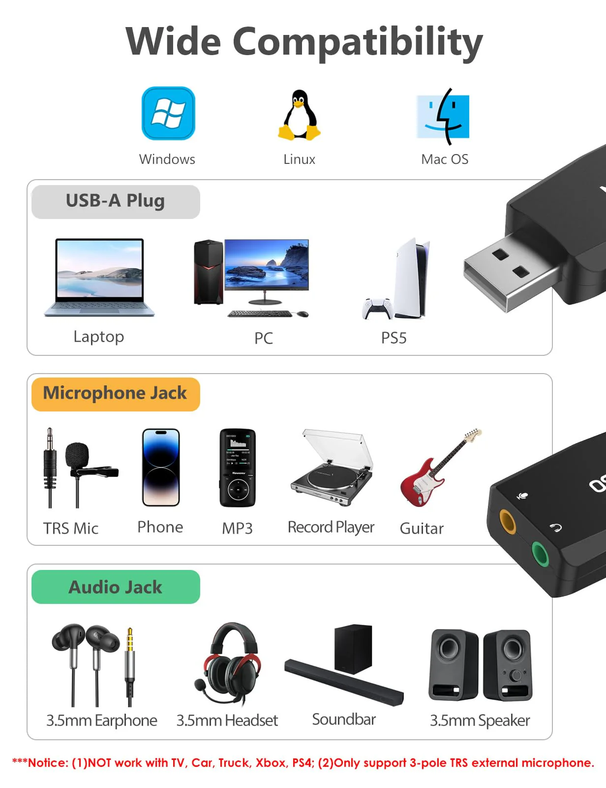 MillSO USB to 3.5mm Audio Jack Adapter [with Internal Recording Function] Portable Computer External USB Sound Card for PC, Recording, Training, Streaming, Podcasting - Black - Image 4