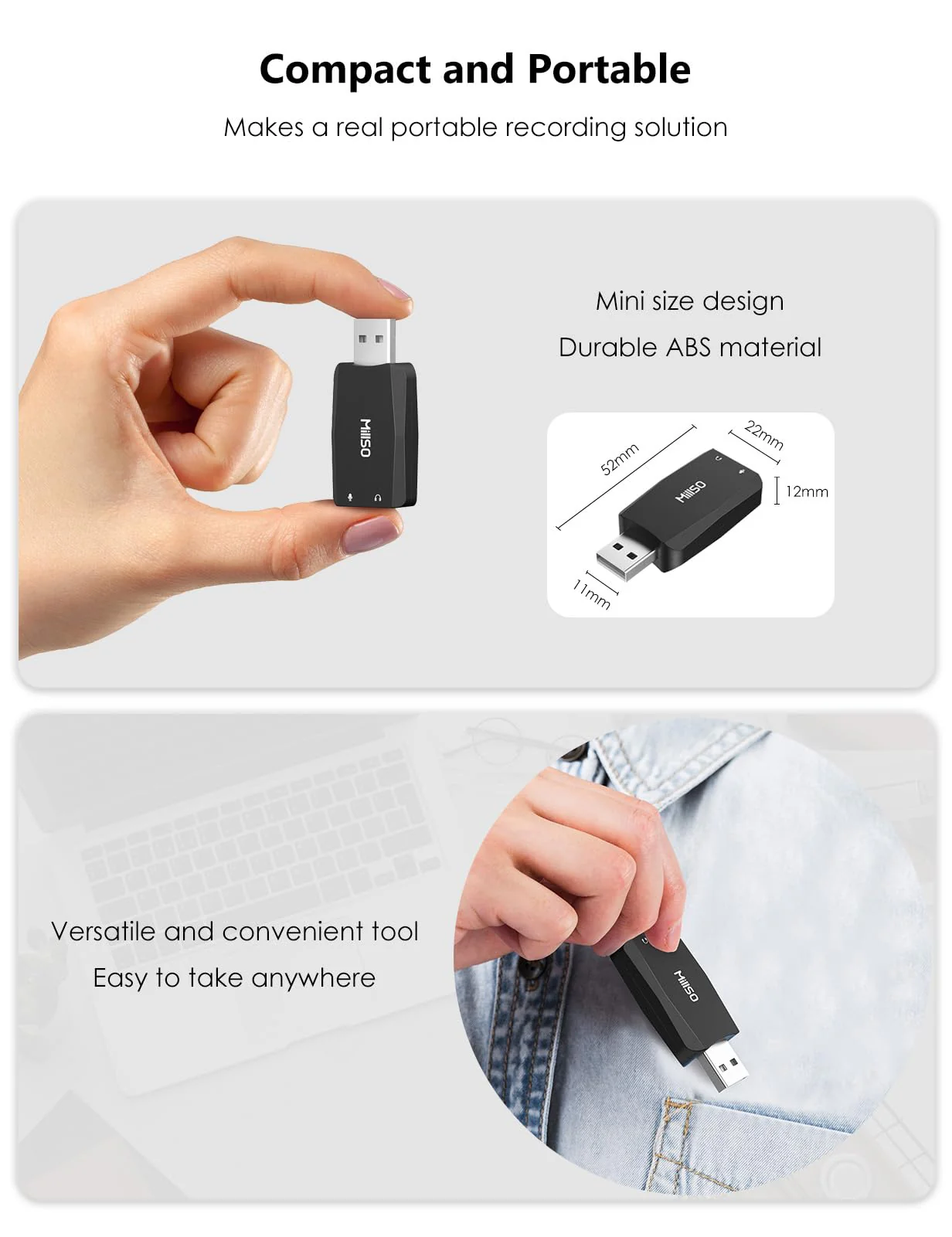 MillSO USB to 3.5mm Audio Jack Adapter [with Internal Recording Function] Portable Computer External USB Sound Card for PC, Recording, Training, Streaming, Podcasting - Black - Image 9