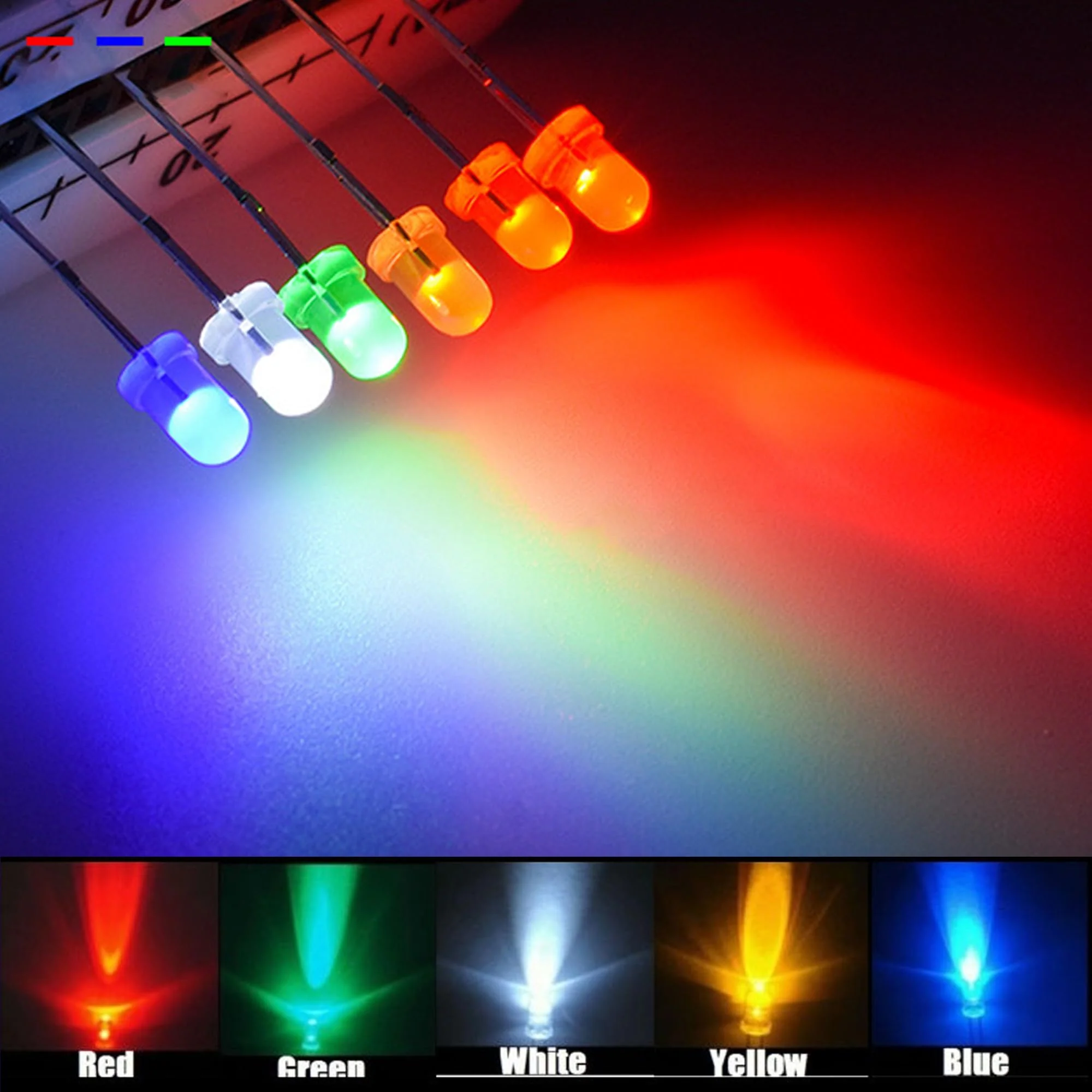 MINGZE LED Light Emitting Diodes Set, 3 mm Diodes Electronic Components Light Emitting Diodes Round 2-Pin Electronic Components with 5 Colours Red Blue Green Yellow White (Pack of 500) 500 pieces 3 mm - Image 3