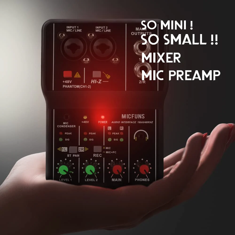 Mini 2 channel audio DJ mixer console interface with 48V phantom power Combo Jack Microphone/Guitar XLR+6.35mm, 3.5mm Stereo in, Headphone Jack for studio live show,party recording - Image 3