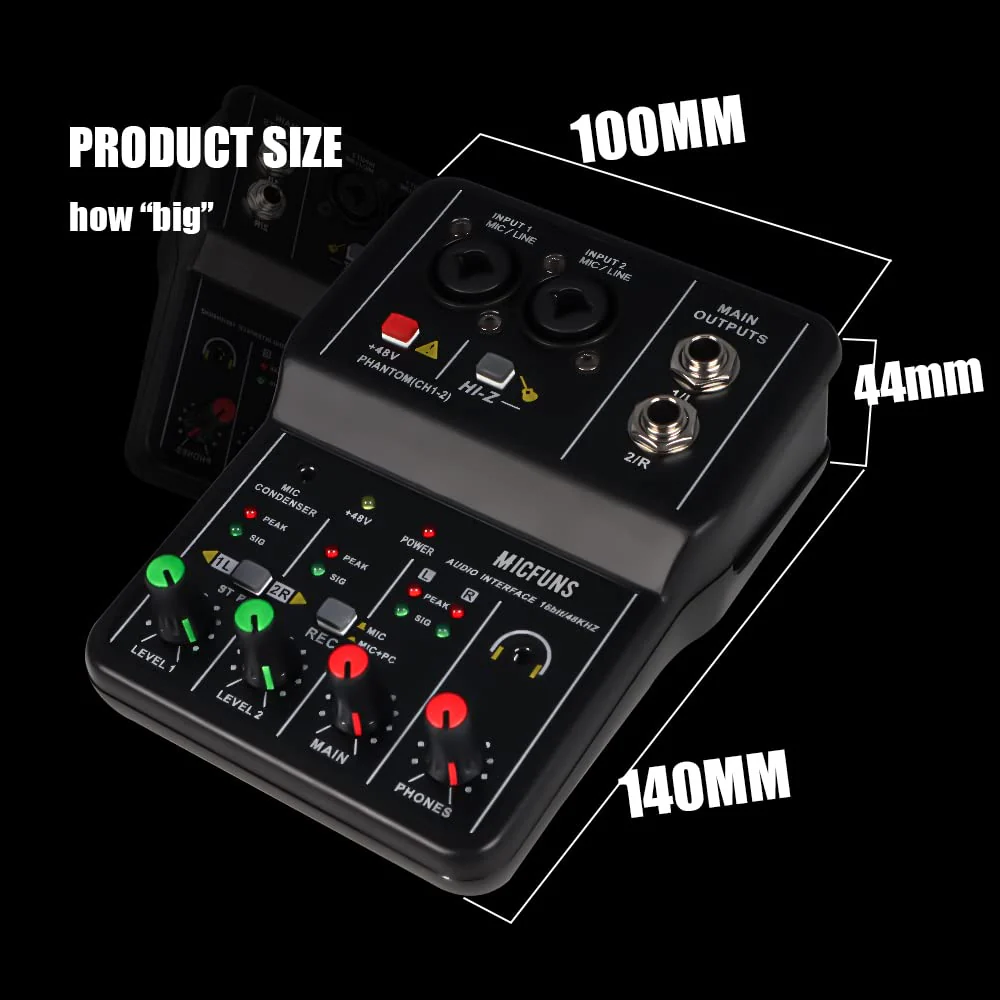 Mini 2 channel audio DJ mixer console interface with 48V phantom power Combo Jack Microphone/Guitar XLR+6.35mm, 3.5mm Stereo in, Headphone Jack for studio live show,party recording - Image 4