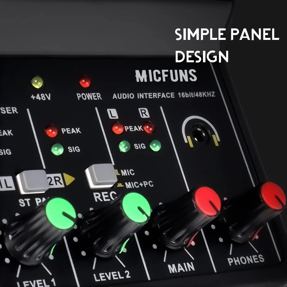 Mini 2 channel audio DJ mixer console interface with 48V phantom power Combo Jack Microphone/Guitar XLR+6.35mm, 3.5mm Stereo in, Headphone Jack for studio live show,party recording - Image 5
