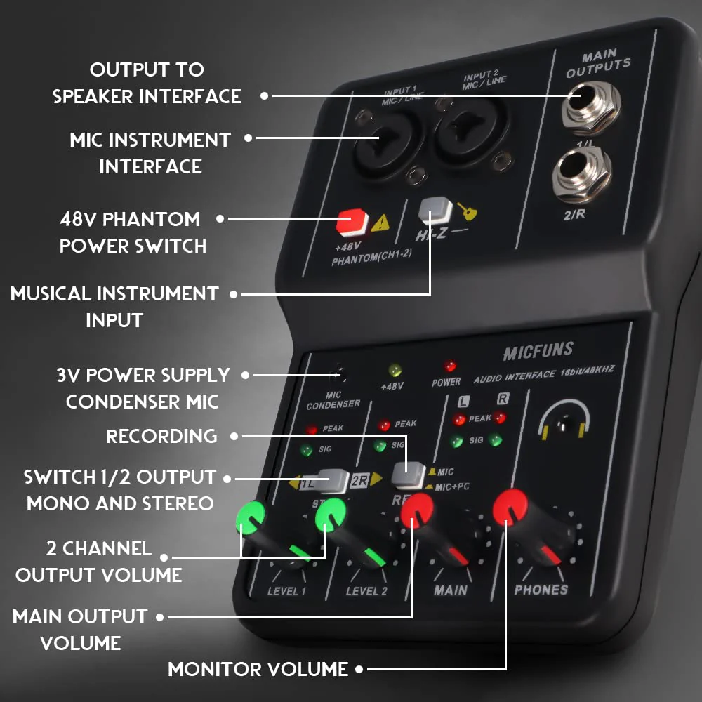 Mini 2 channel audio DJ mixer console interface with 48V phantom power Combo Jack Microphone/Guitar XLR+6.35mm, 3.5mm Stereo in, Headphone Jack for studio live show,party recording - Image 6