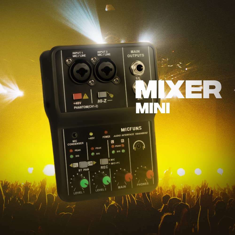 Mini 2 channel audio DJ mixer console interface with 48V phantom power Combo Jack Microphone/Guitar XLR+6.35mm, 3.5mm Stereo in, Headphone Jack for studio live show,party recording - Image 8