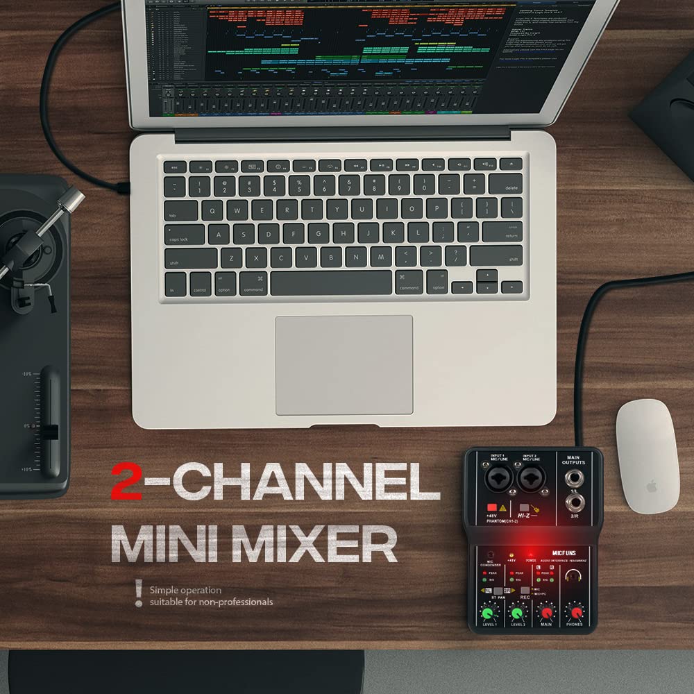 Mini 2 channel audio DJ mixer console interface with 48V phantom power Combo Jack Microphone/Guitar XLR+6.35mm, 3.5mm Stereo in, Headphone Jack for studio live show,party recording - Image 9