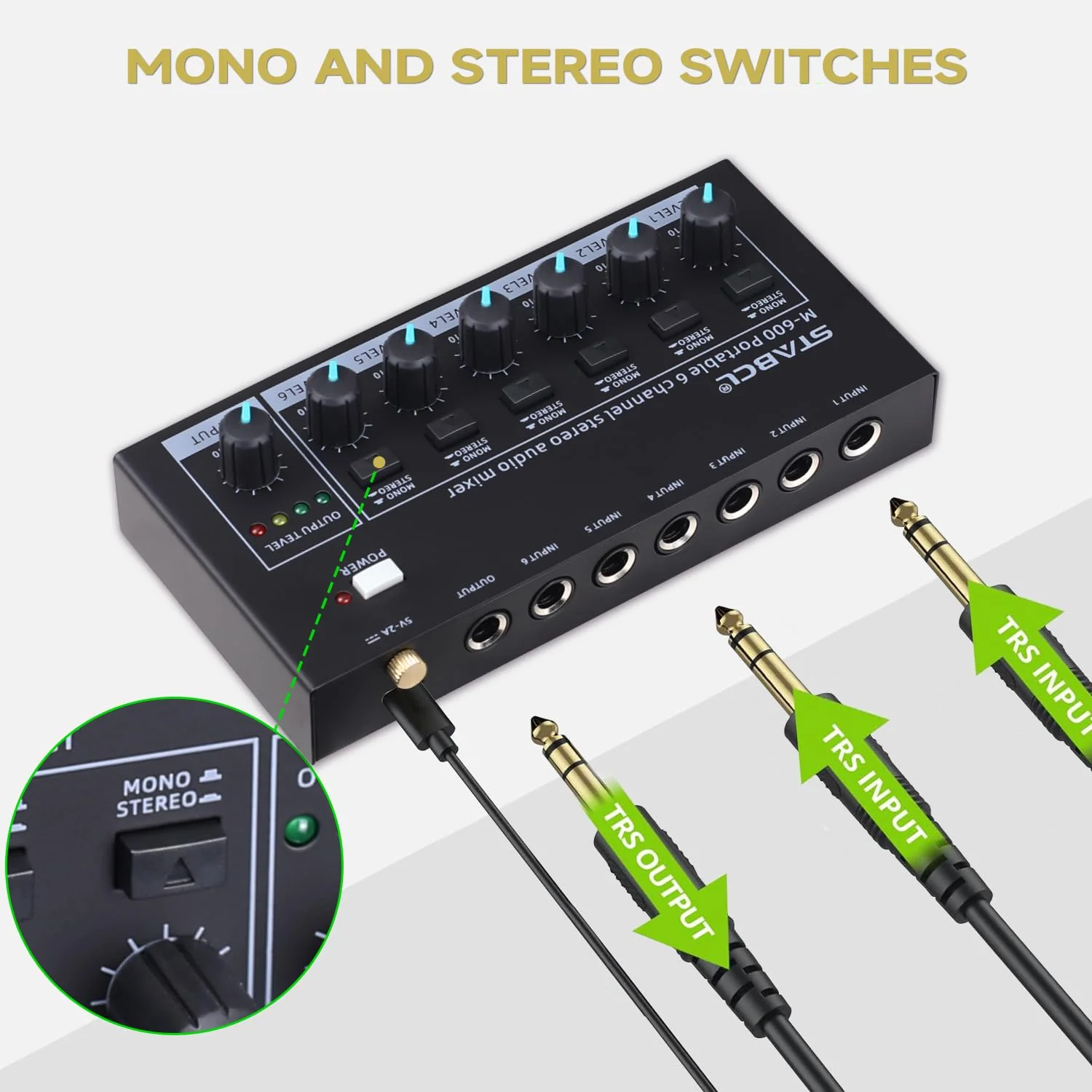 Mini 6-Channel Audio Mixer with 7 pcs 6.35mm to 3.5mm Adapter Jack, Stereo Line Mixer for Sub-Mixing, Multi-Input (Mic/Guitar/Keyboard/Bass), Powered by 5V DC - Image 2