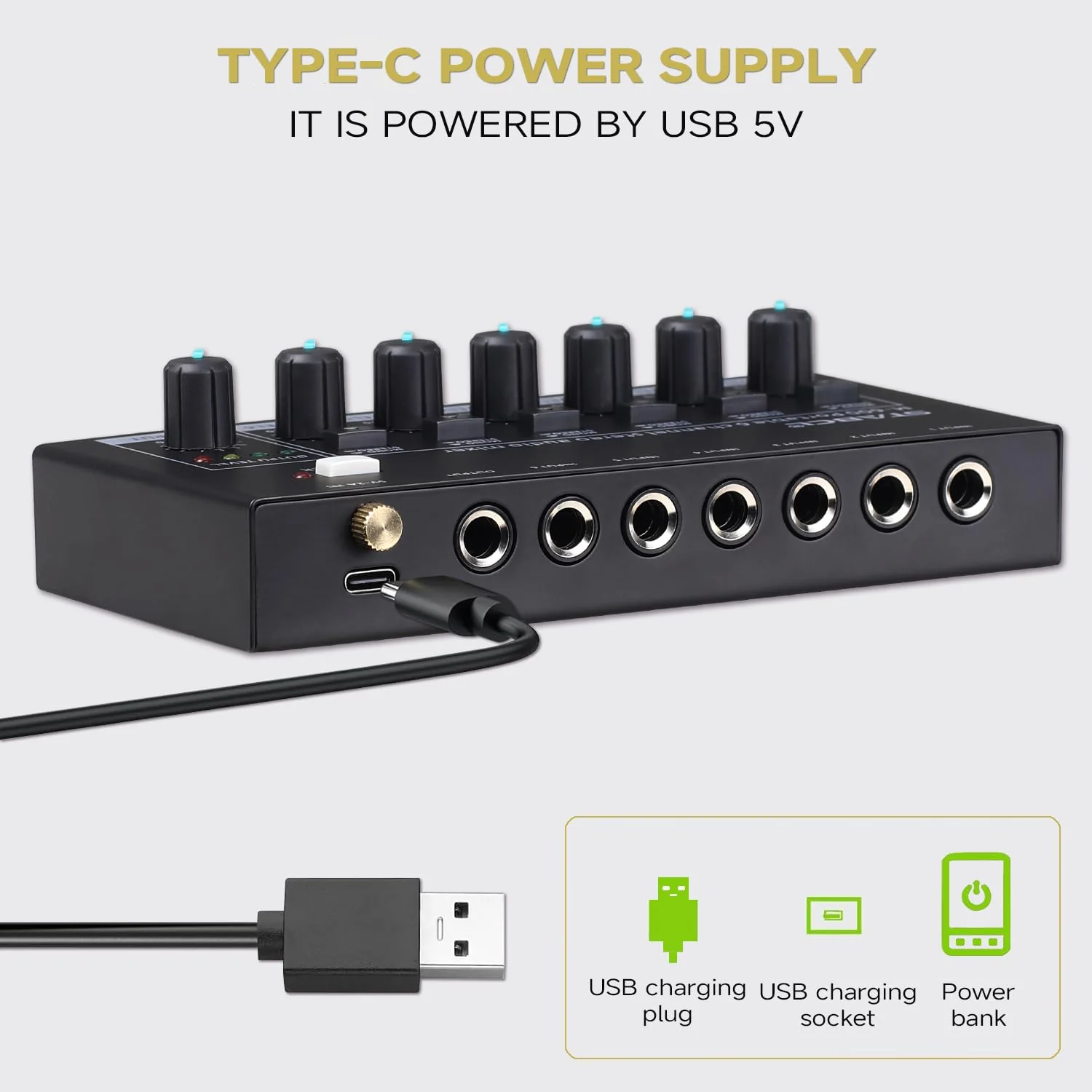 Mini 6-Channel Audio Mixer with 7 pcs 6.35mm to 3.5mm Adapter Jack, Stereo Line Mixer for Sub-Mixing, Multi-Input (Mic/Guitar/Keyboard/Bass), Powered by 5V DC - Image 3