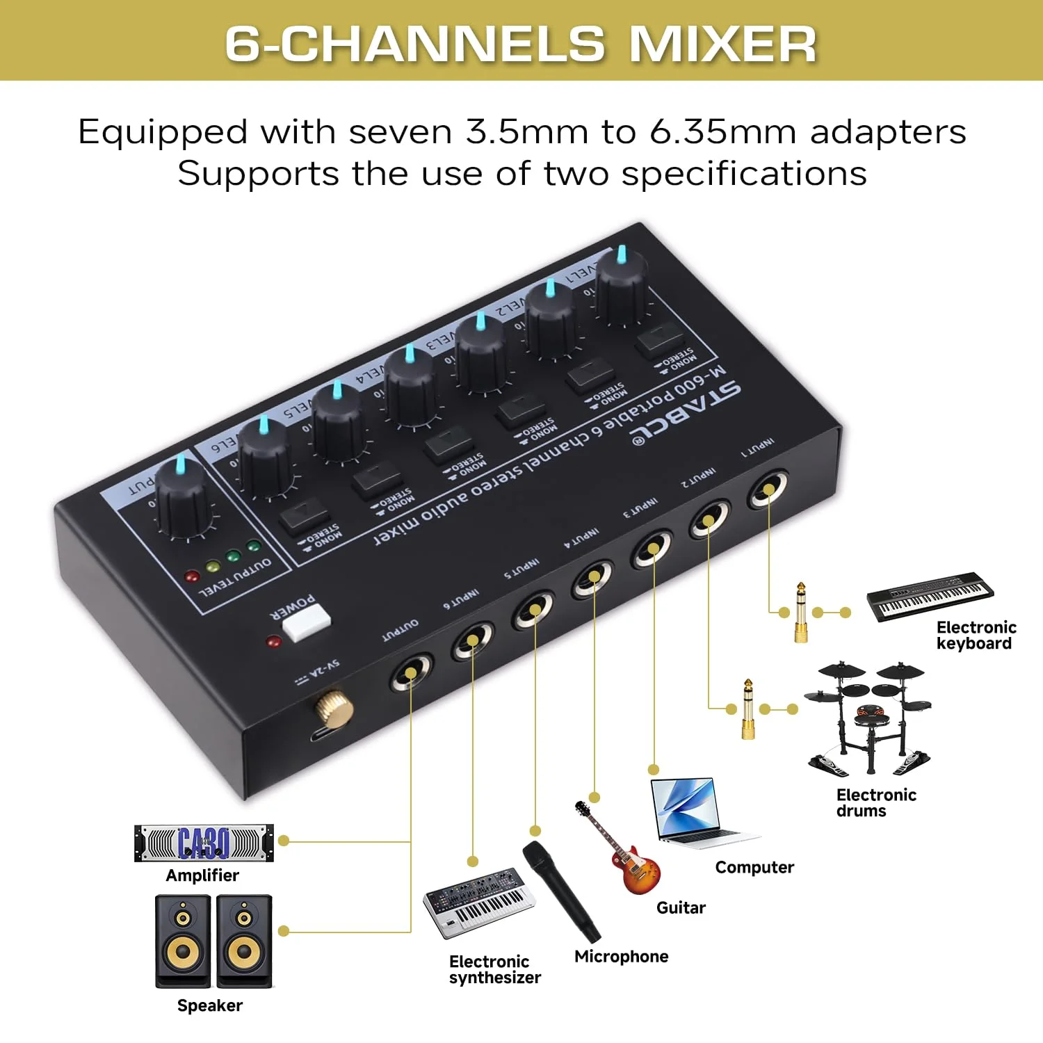 Mini 6-Channel Audio Mixer with 7 pcs 6.35mm to 3.5mm Adapter Jack, Stereo Line Mixer for Sub-Mixing, Multi-Input (Mic/Guitar/Keyboard/Bass), Powered by 5V DC - Image 4