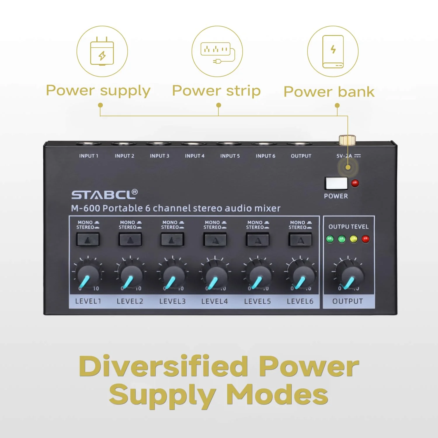 Mini 6-Channel Audio Mixer with 7 pcs 6.35mm to 3.5mm Adapter Jack, Stereo Line Mixer for Sub-Mixing, Multi-Input (Mic/Guitar/Keyboard/Bass), Powered by 5V DC - Image 5