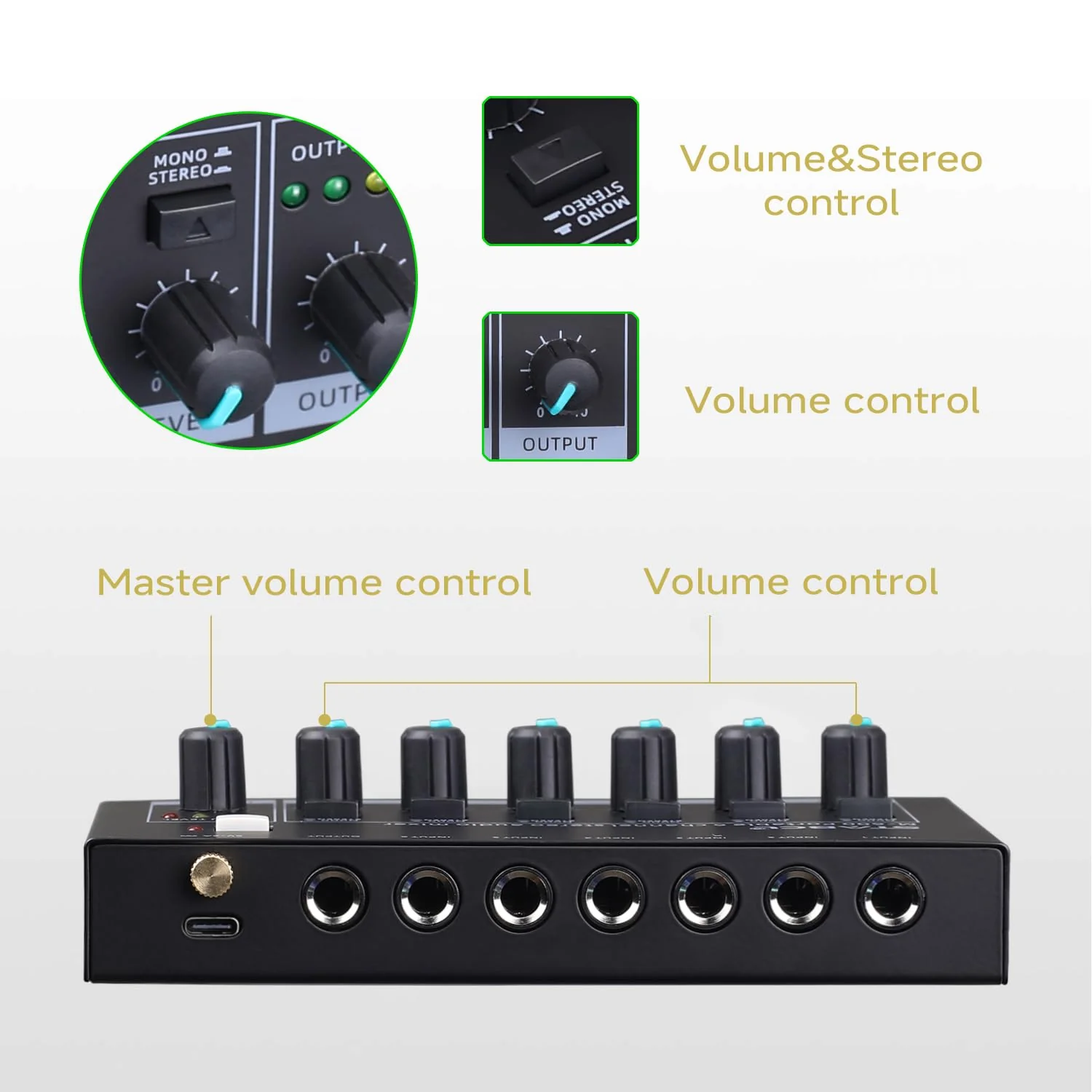 Mini 6-Channel Audio Mixer with 7 pcs 6.35mm to 3.5mm Adapter Jack, Stereo Line Mixer for Sub-Mixing, Multi-Input (Mic/Guitar/Keyboard/Bass), Powered by 5V DC - Image 6