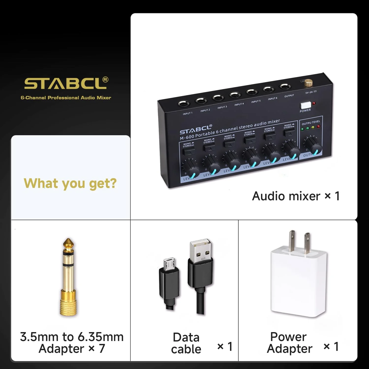 Mini 6-Channel Audio Mixer with 7 pcs 6.35mm to 3.5mm Adapter Jack, Stereo Line Mixer for Sub-Mixing, Multi-Input (Mic/Guitar/Keyboard/Bass), Powered by 5V DC - Image 7