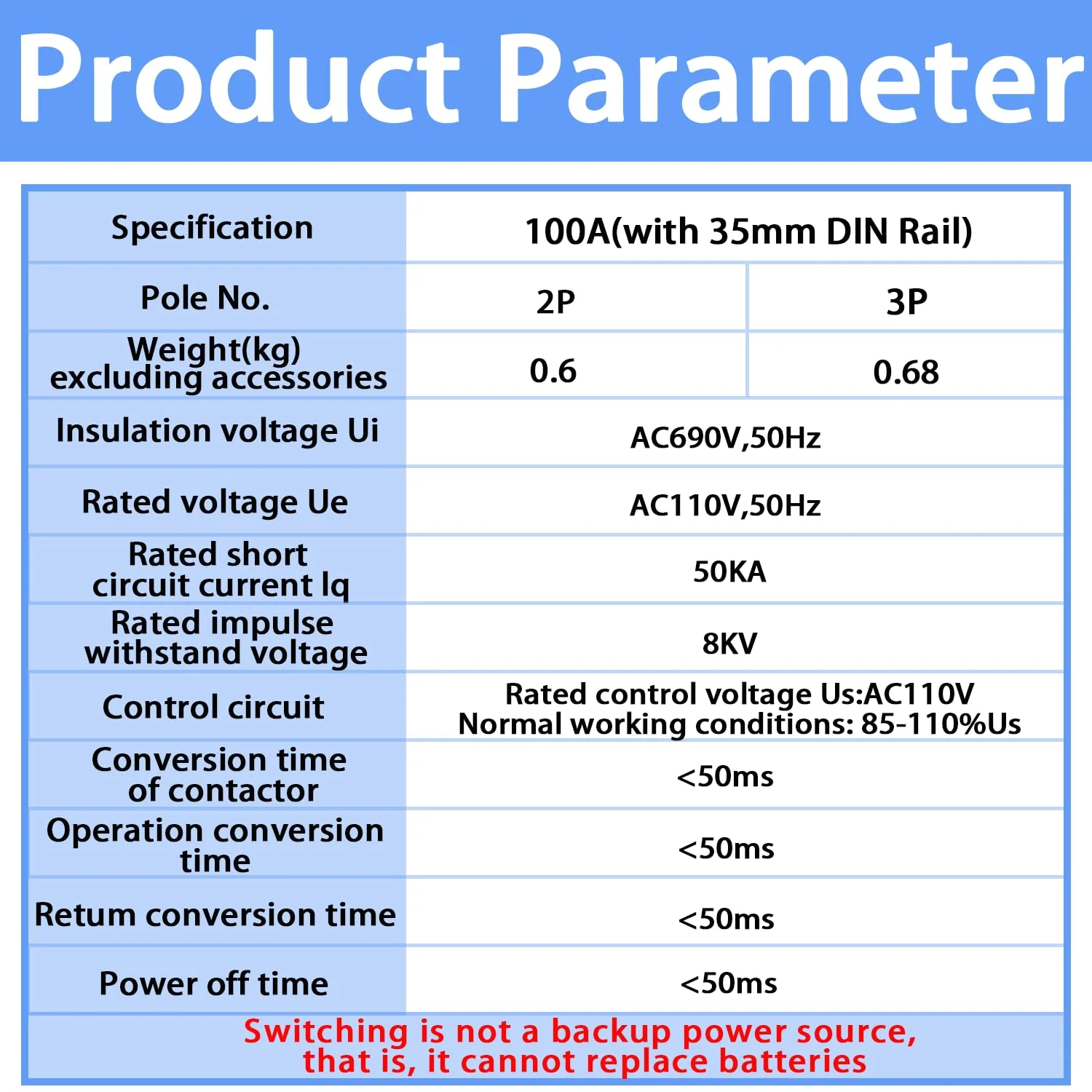Mini ATS Automatic Transfer Switch Dual Power Changeover Switch 100A 110V Generator Electrical Selector Switches DIN Rail Mount 2P/3P Circuit Breaker Toggle Controller 110V 100A 2P(with DIN rail) - Image 3