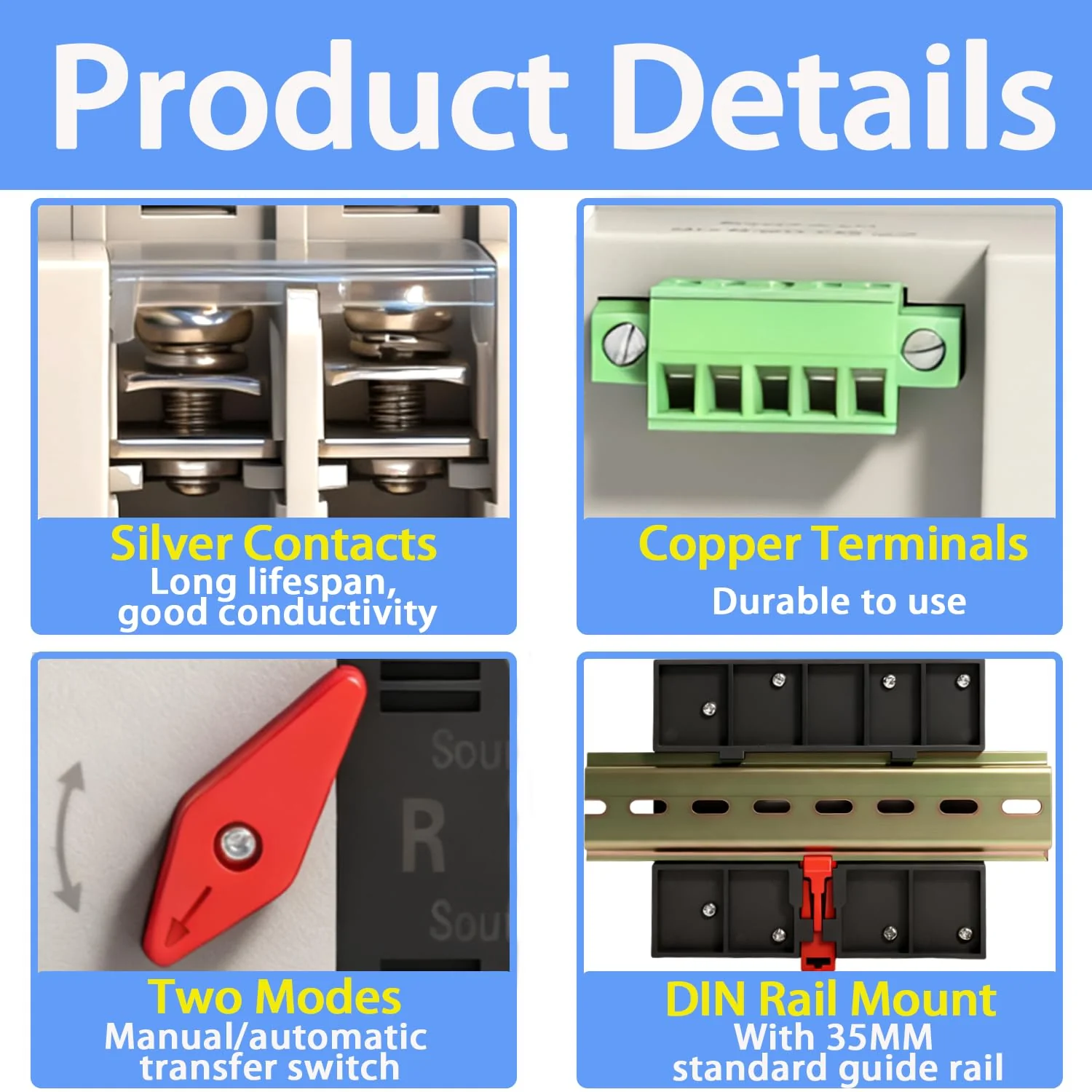 Mini ATS Automatic Transfer Switch Dual Power Changeover Switch 100A 110V Generator Electrical Selector Switches DIN Rail Mount 2P/3P Circuit Breaker Toggle Controller 110V 100A 2P(with DIN rail) - Image 4