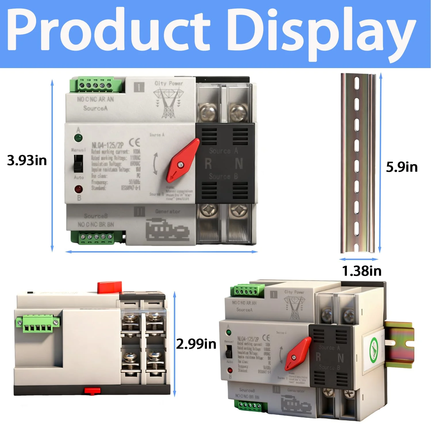 Mini ATS Automatic Transfer Switch Dual Power Changeover Switch 100A 110V Generator Electrical Selector Switches DIN Rail Mount 2P/3P Circuit Breaker Toggle Controller 110V 100A 2P(with DIN rail) - Image 7