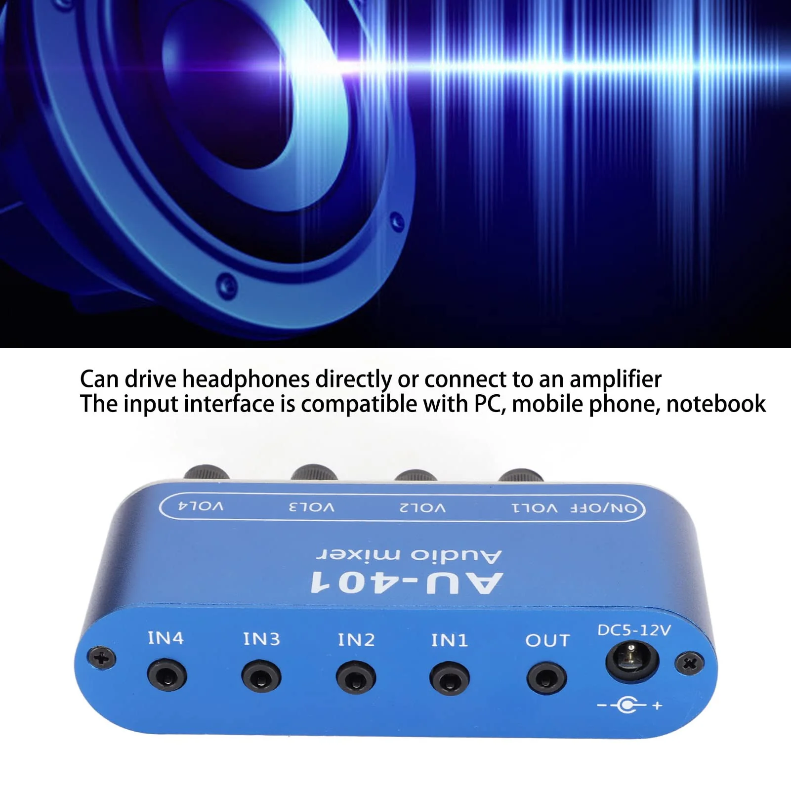 Mini Audio Mixer, 4 Channel Line Mixer with 3.5mm Stereo Jack, 4 Input 1 Stereo Output & Volume Adjustment, DC 5V-12V Stereo Mixer for PC, Phone, Laptop, Headphone, Small Clubs or Bars - Image 2