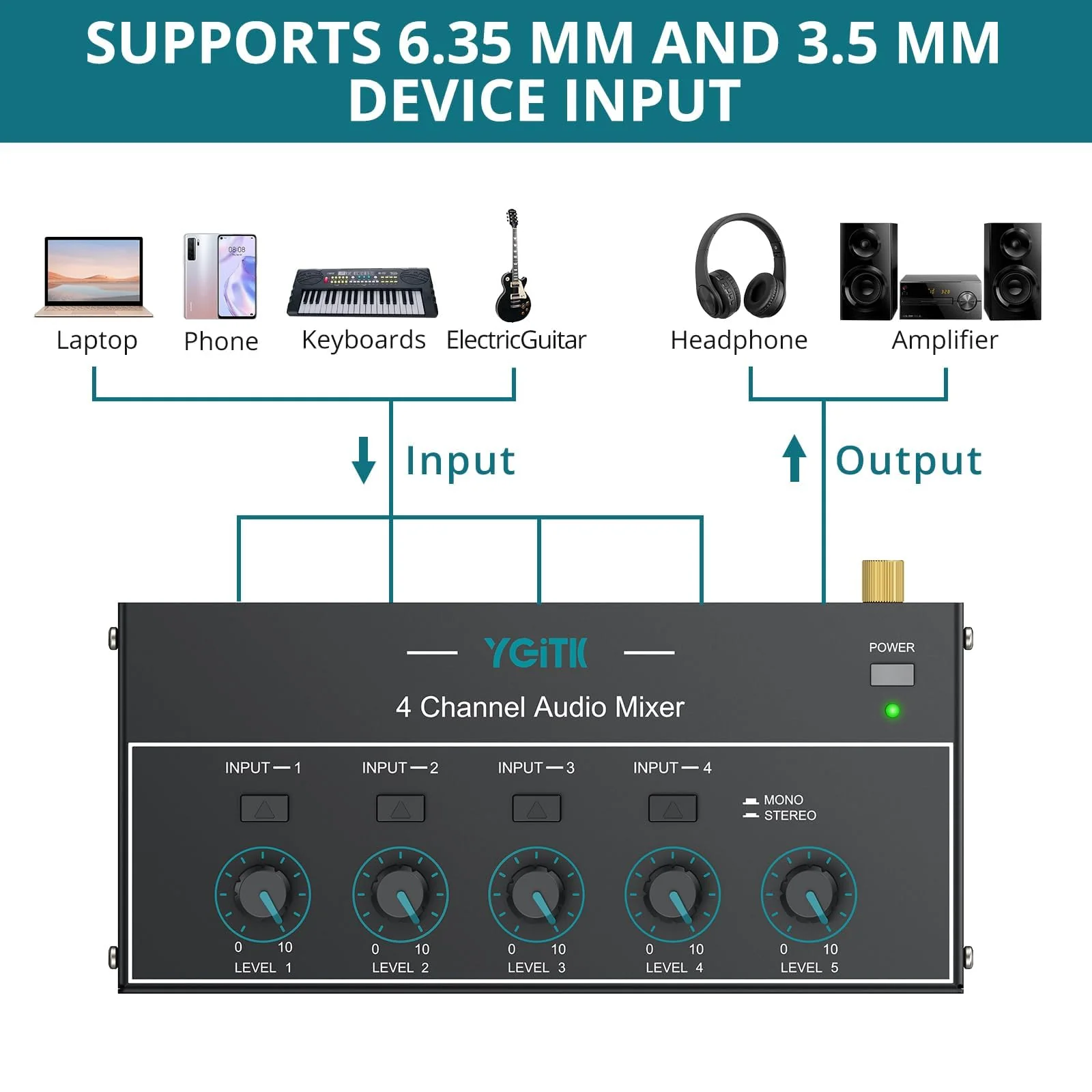 Mini Audio Mixer, 4 Channel Stereo Line Mixer 1/4" & 1/8" TSR Audio Output Input Jack, Line Mixer Stereo/Mono Independent Control and Switch for Guitars,Bass,Keyboards, Dynamic Microphone - Image 2
