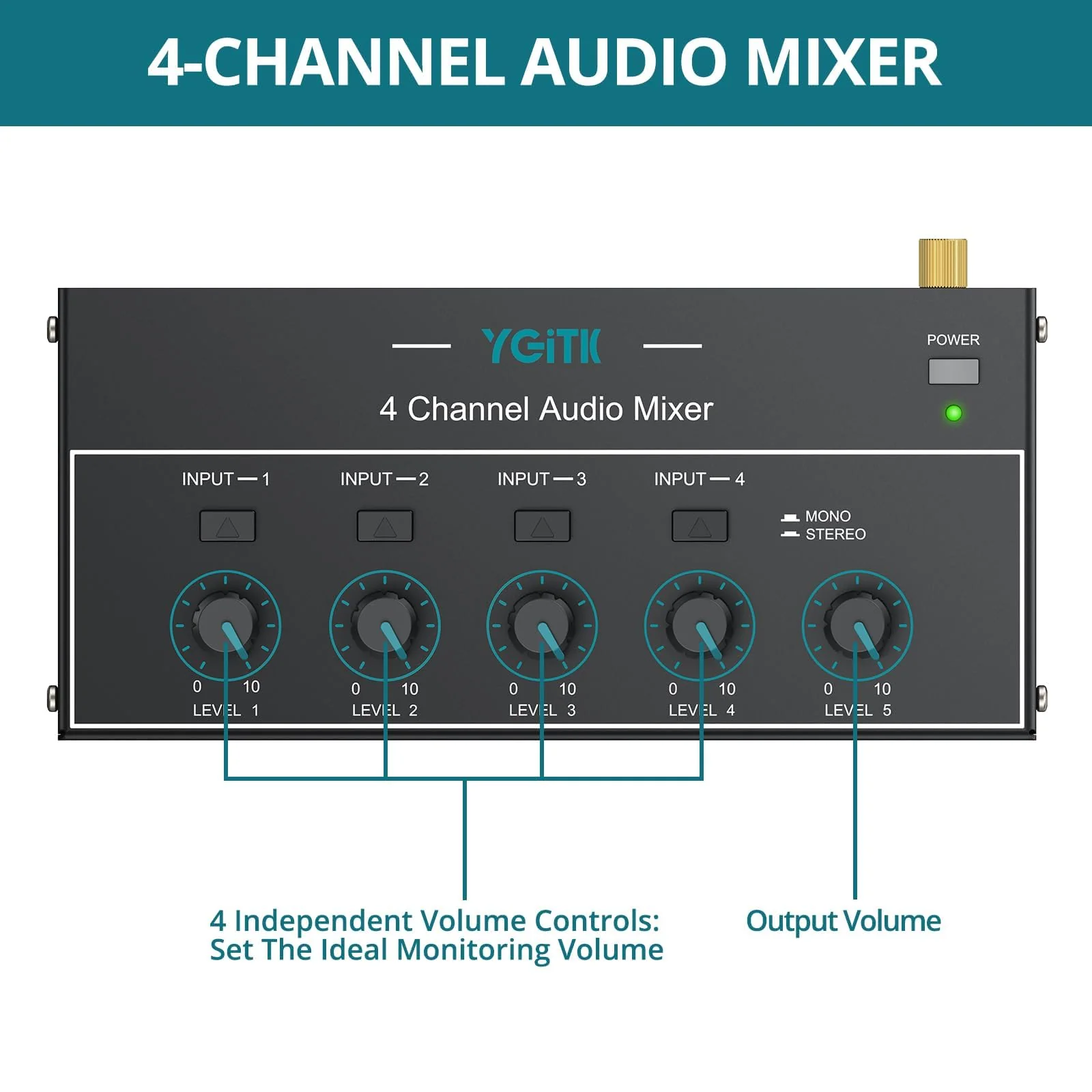 Mini Audio Mixer, 4 Channel Stereo Line Mixer 1/4" & 1/8" TSR Audio Output Input Jack, Line Mixer Stereo/Mono Independent Control and Switch for Guitars,Bass,Keyboards, Dynamic Microphone - Image 6