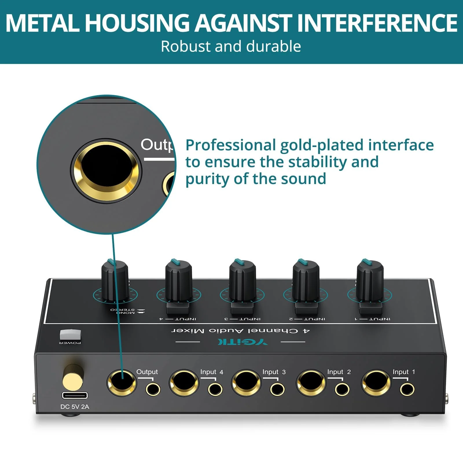 Mini Audio Mixer, 4 Channel Stereo Line Mixer 1/4" & 1/8" TSR Audio Output Input Jack, Line Mixer Stereo/Mono Independent Control and Switch for Guitars,Bass,Keyboards, Dynamic Microphone - Image 7