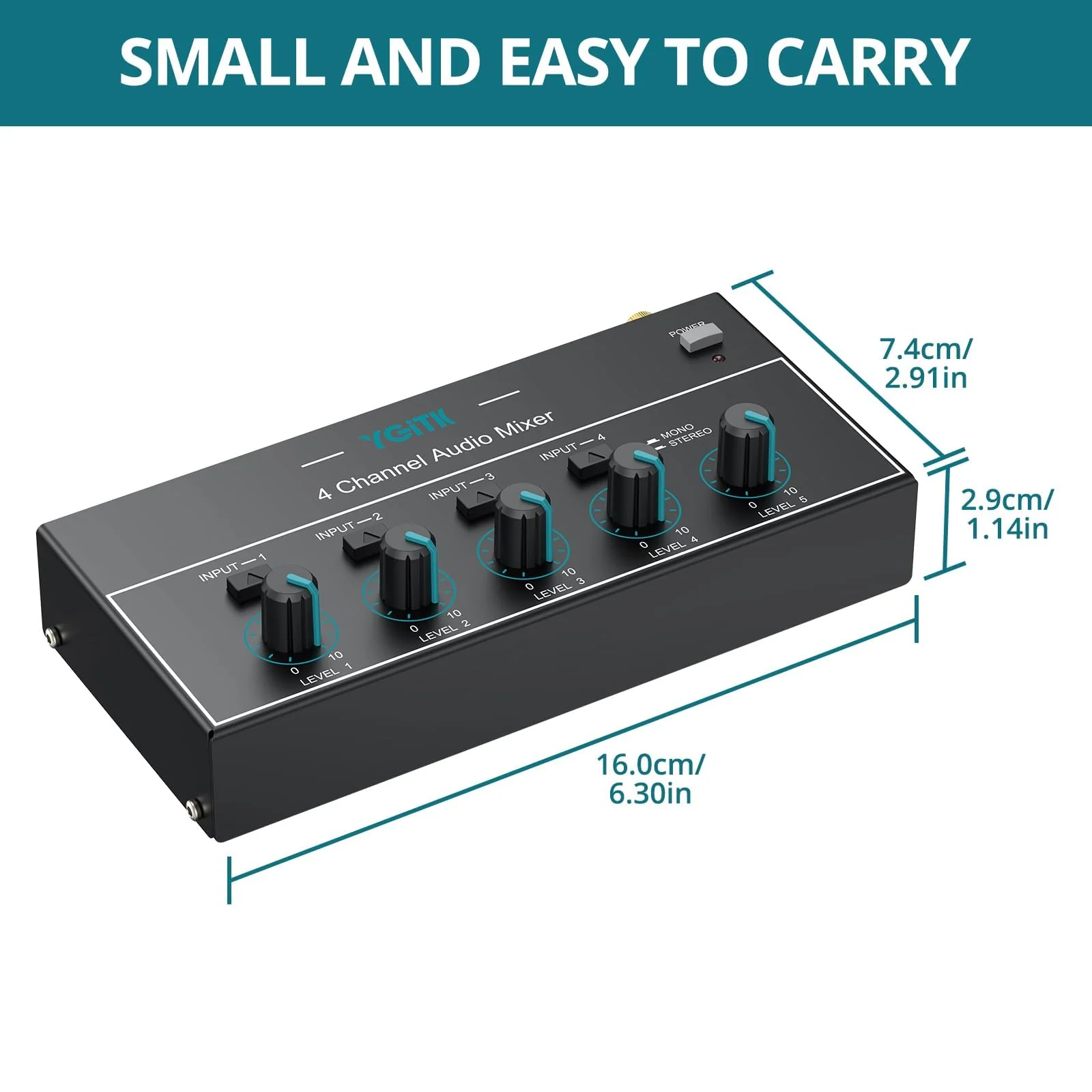 Mini Audio Mixer, 4 Channel Stereo Line Mixer 1/4" & 1/8" TSR Audio Output Input Jack, Line Mixer Stereo/Mono Independent Control and Switch for Guitars,Bass,Keyboards, Dynamic Microphone - Image 8