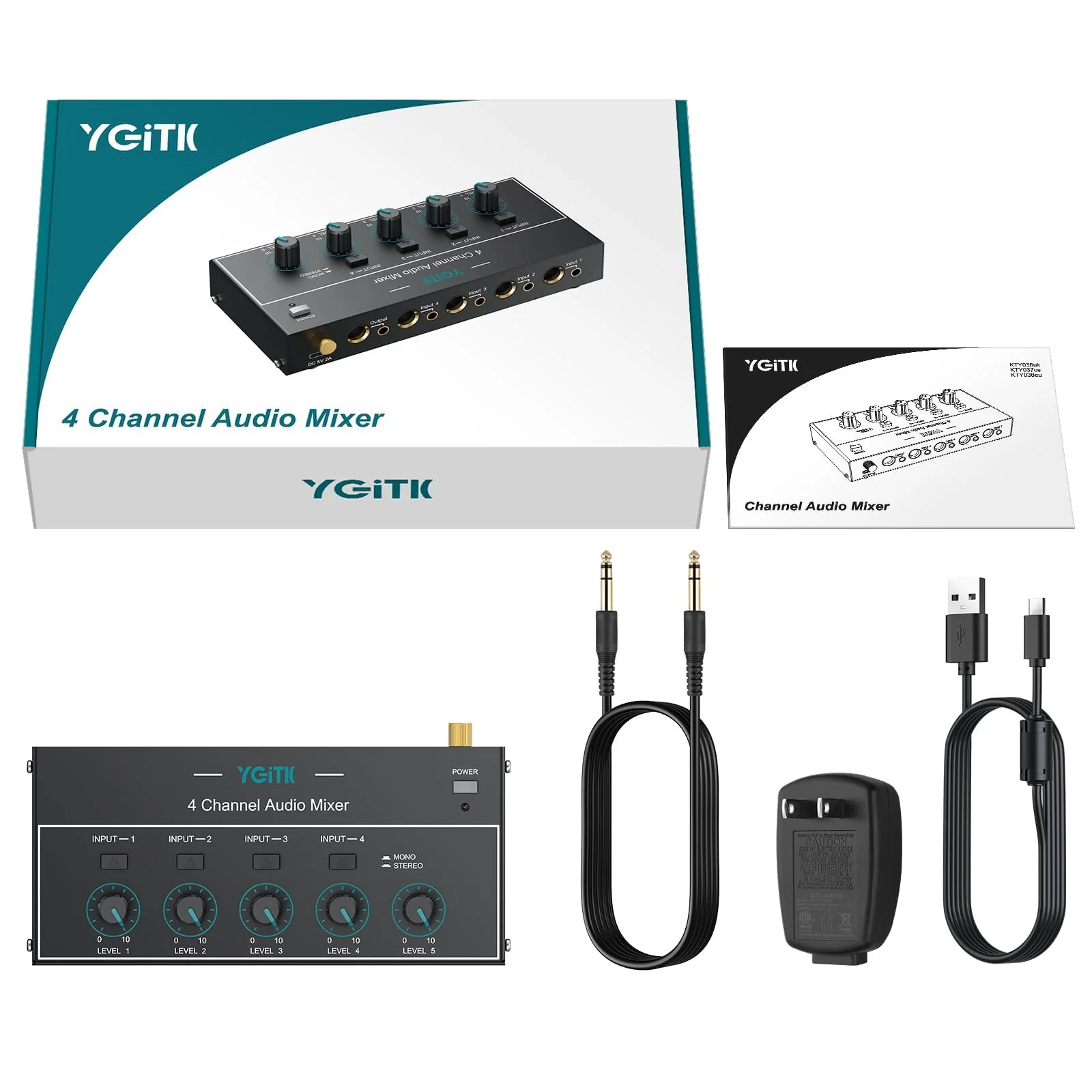 Mini Audio Mixer, 4 Channel Stereo Line Mixer 1/4" & 1/8" TSR Audio Output Input Jack, Line Mixer Stereo/Mono Independent Control and Switch for Guitars,Bass,Keyboards, Dynamic Microphone - Image 9