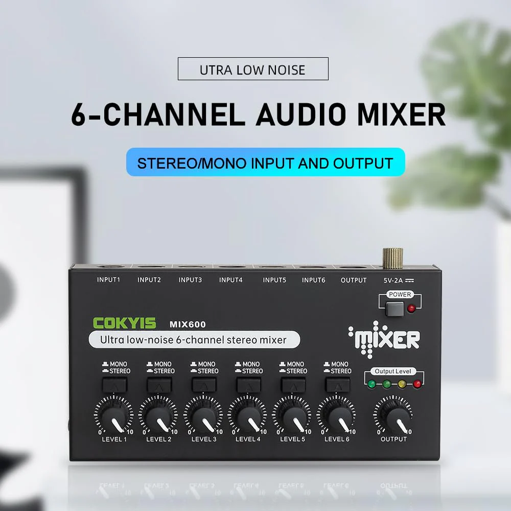 Mini Audio Mixer, 6-Channel Stereo Line Mixer for Precision Sub-Mixing, with Ultra Low-Noise Operation, Independent Microphone Control, 1/4" TRS Input/Output-for Guitars, Bass, Stage Mixer - Image 2
