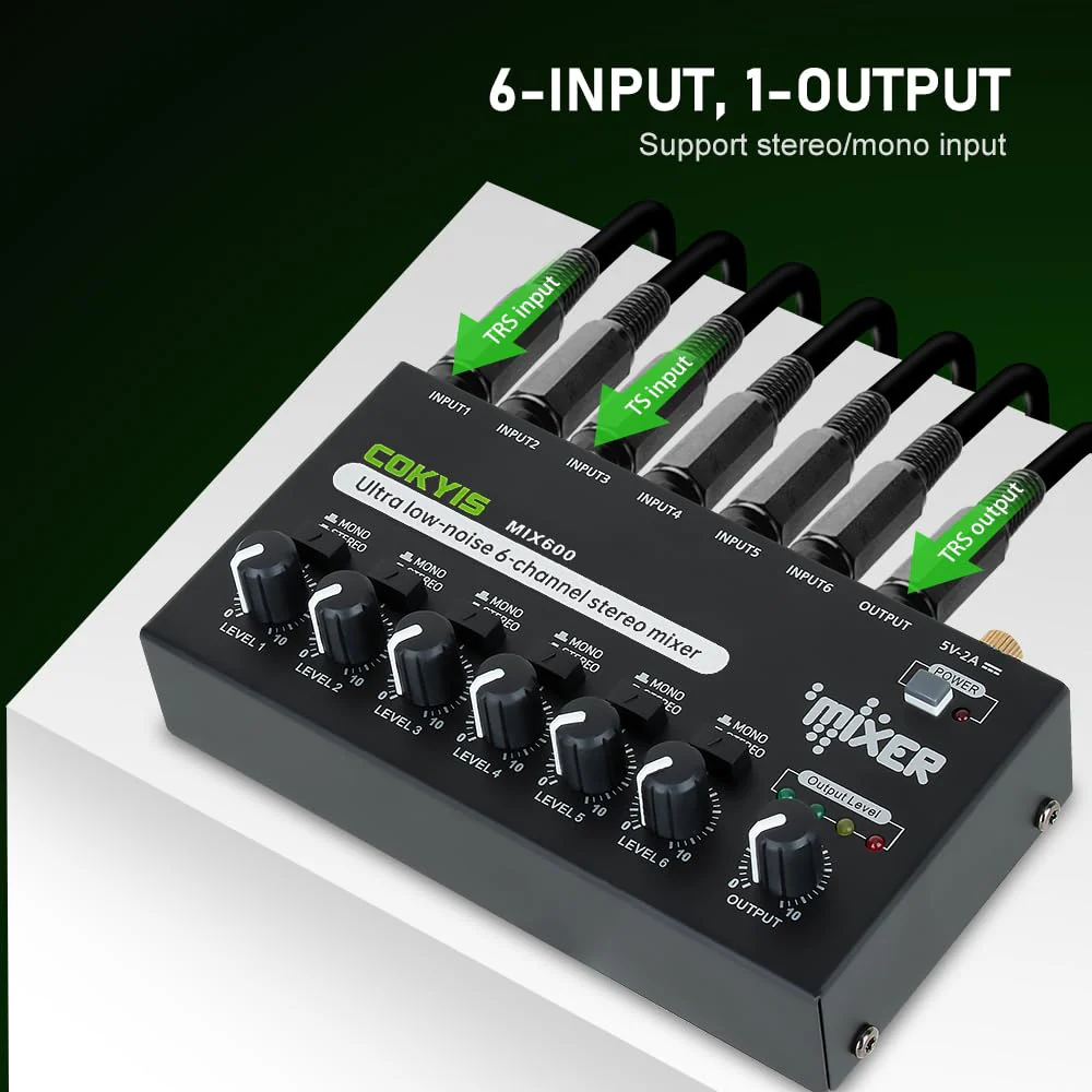 Mini Audio Mixer, 6-Channel Stereo Line Mixer for Precision Sub-Mixing, with Ultra Low-Noise Operation, Independent Microphone Control, 1/4" TRS Input/Output-for Guitars, Bass, Stage Mixer - Image 3