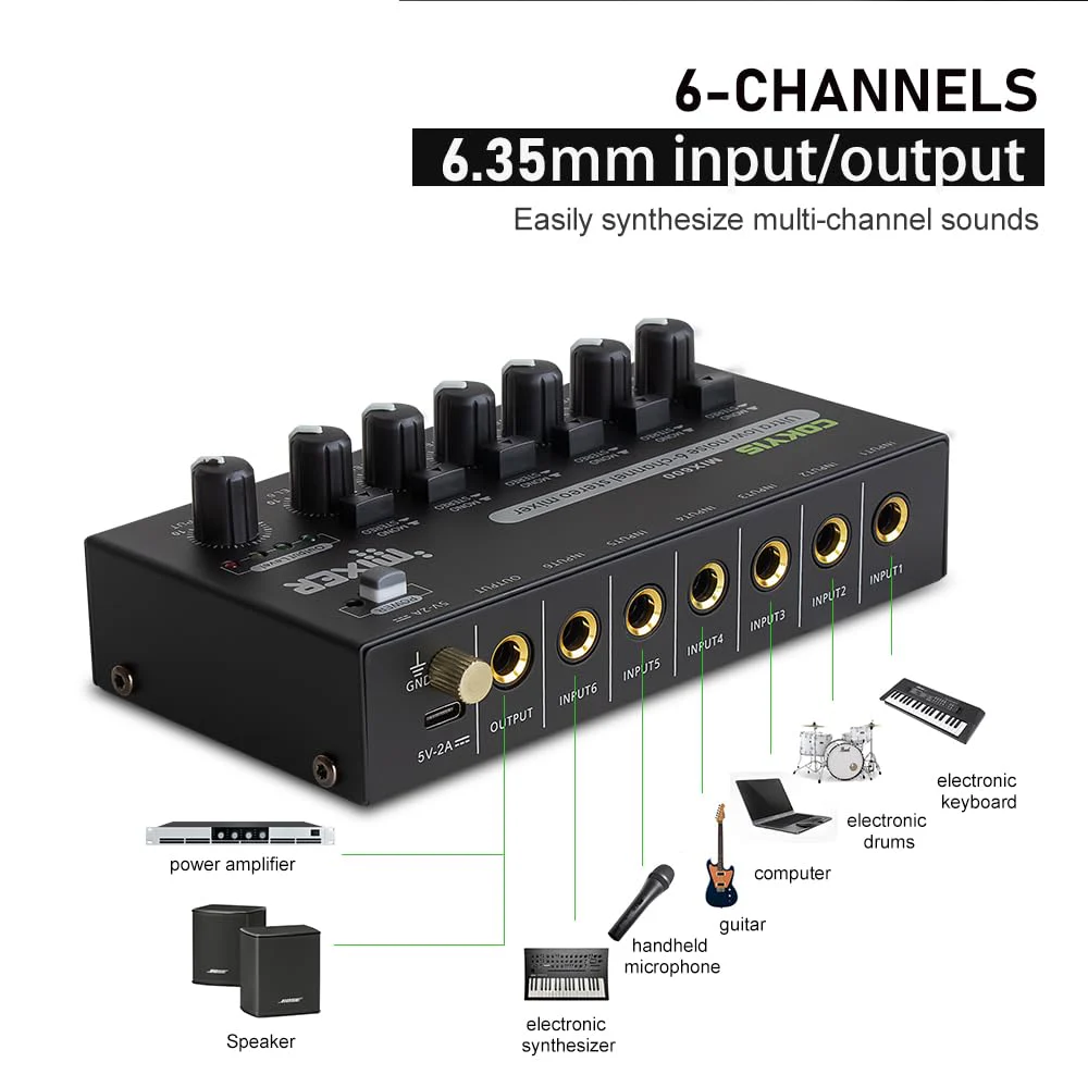 Mini Audio Mixer, 6-Channel Stereo Line Mixer for Precision Sub-Mixing, with Ultra Low-Noise Operation, Independent Microphone Control, 1/4" TRS Input/Output-for Guitars, Bass, Stage Mixer - Image 4