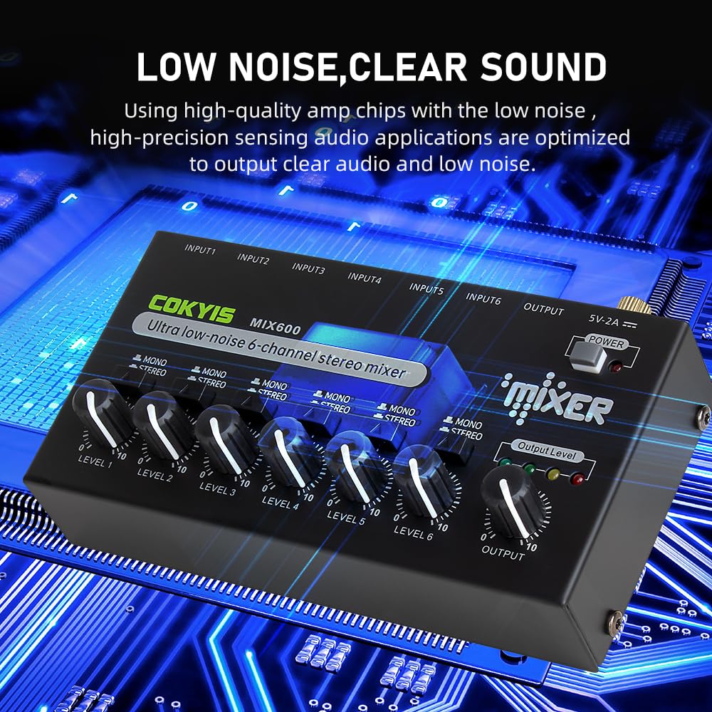 Mini Audio Mixer, 6-Channel Stereo Line Mixer for Precision Sub-Mixing, with Ultra Low-Noise Operation, Independent Microphone Control, 1/4" TRS Input/Output-for Guitars, Bass, Stage Mixer - Image 5