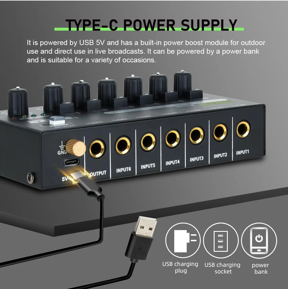 Mini Audio Mixer, 6-Channel Stereo Line Mixer for Precision Sub-Mixing, with Ultra Low-Noise Operation, Independent Microphone Control, 1/4" TRS Input/Output-for Guitars, Bass, Stage Mixer - Image 6